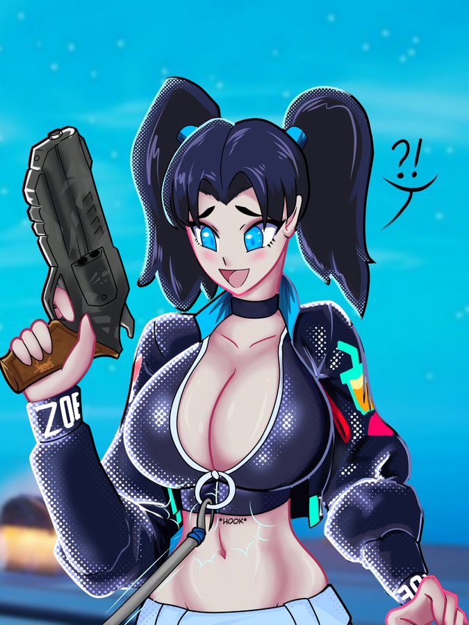 black hair, blue eyes, blush, breasts, female, fortnite, fortnite: battle royale, huge breasts, looking down, shocked, shocked expression, twintails, ventis2099 (artist), zoe clash (fortnite)