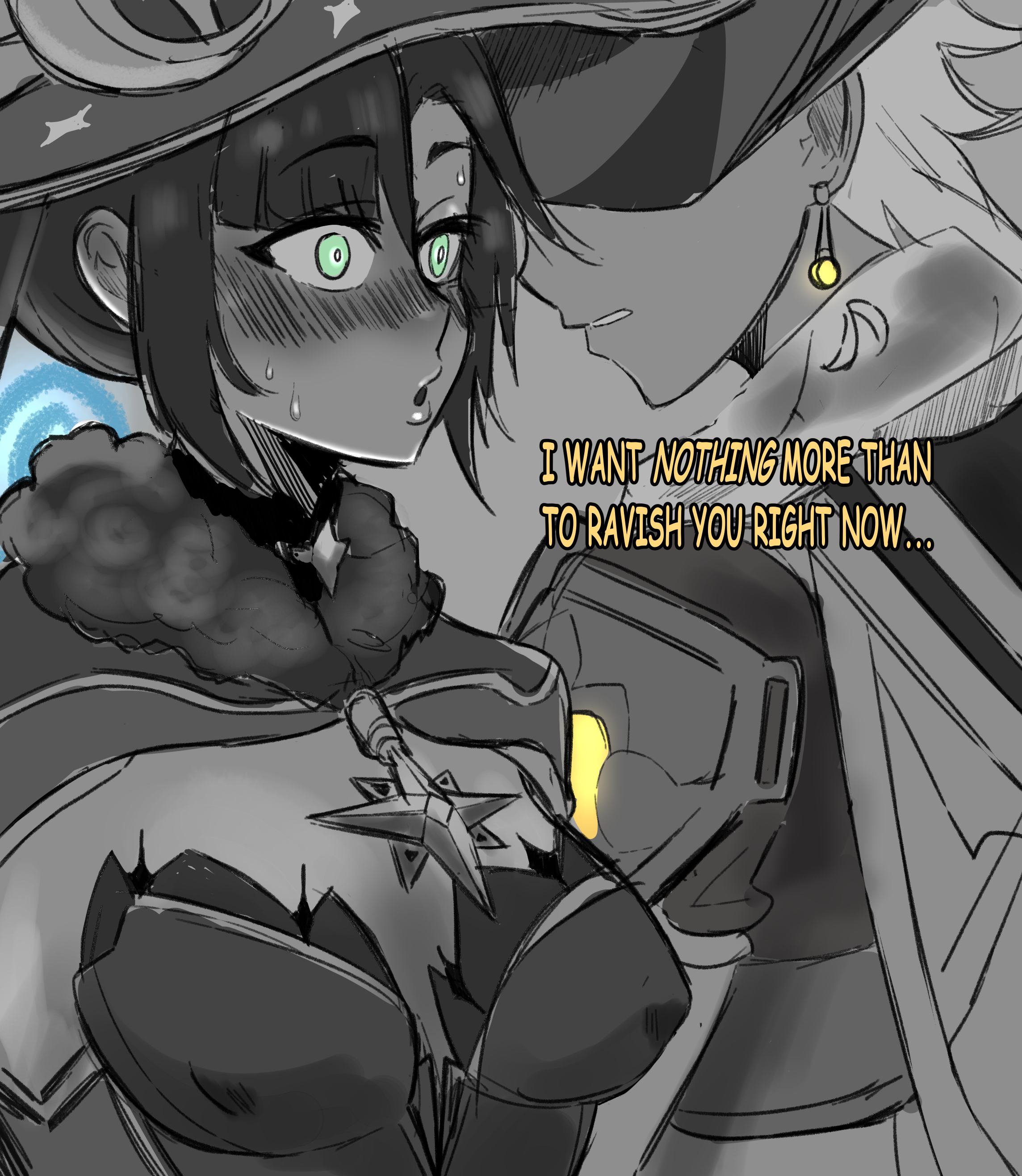 aether (genshin impact), assertive, assertive male, blush, breasts, ceroccb, dirty talk, english text, female, genshin impact, green eyes, greyscale, hi res, leotard, male, mona (genshin impact), monochrome, straight, sweat, witch hat