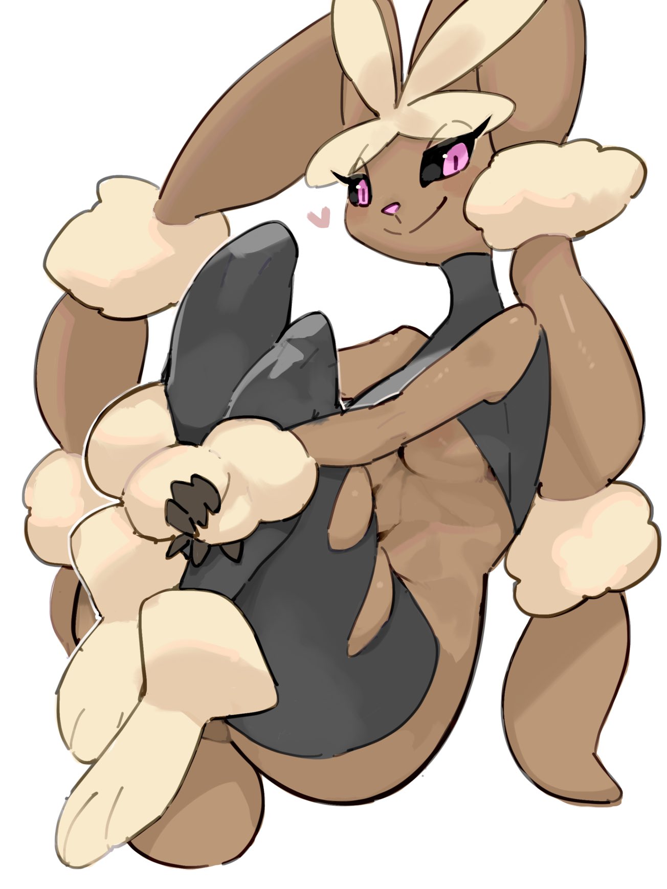 1girls, bent legs, black sclera, breasts, female, female only, heart, hi res, holding legs, kame 3, looking at viewer, lopunny, mega evolution, mega lopunny, nintendo, pink eyes, pokémon (species), pokemon, pokemon (species), slit pupils, smiling at viewer, solo, solo female, underboob, white background