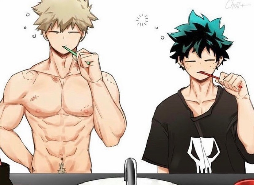 blonde hair, izuku midoriya, katsuki bakugou, male, morning, my hero academia, pubic hair, spiky hair, without clothes, yaoi