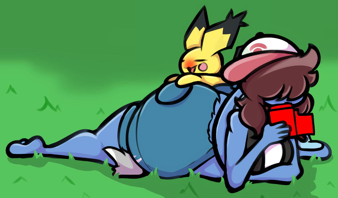 1boy ass big_ass blue_fur blush bunny_boy femboy grass gress_(retrogress) laying laying_on_ground male pichu pink_hat pokedex pokemon puffster3 short_shorts thick_thighs