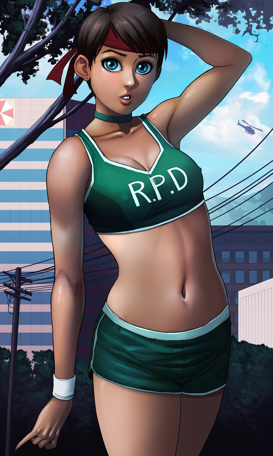 1girls, basketball uniform, blue eyes, bottomwear, breasts, brown hair, cleavage, dolphin shorts, female, female only, gym shorts, gym uniform, human, large breasts, msperoni, neckwear, pale skin, rebecca chambers, resident evil, short hair, shorts, solo, sportswear, triplexmile, wristwear