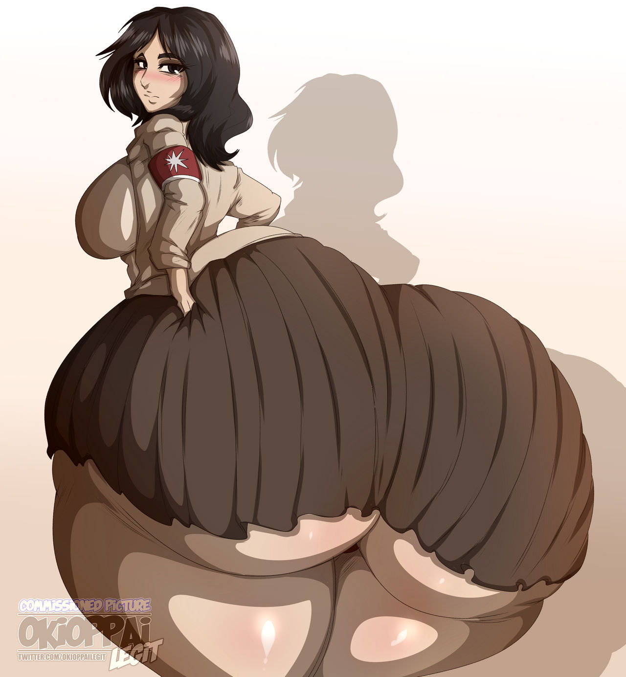 1girls, armband, ass, ass bigger than breasts, ass bigger than head, ass bigger than torso, ass focus, ass in dress, attack on titan, back view, big ass, big butt, black hair, blush, blushing, breasts, bubble ass, bubble butt, clothed, clothed female, enormous ass, female, female only, fully clothed, huge ass, huge butt, looking at viewer, looking back, okioppai, pieck finger, shadow, shingeki no kyojin, solo, solo female, thick ass, white background