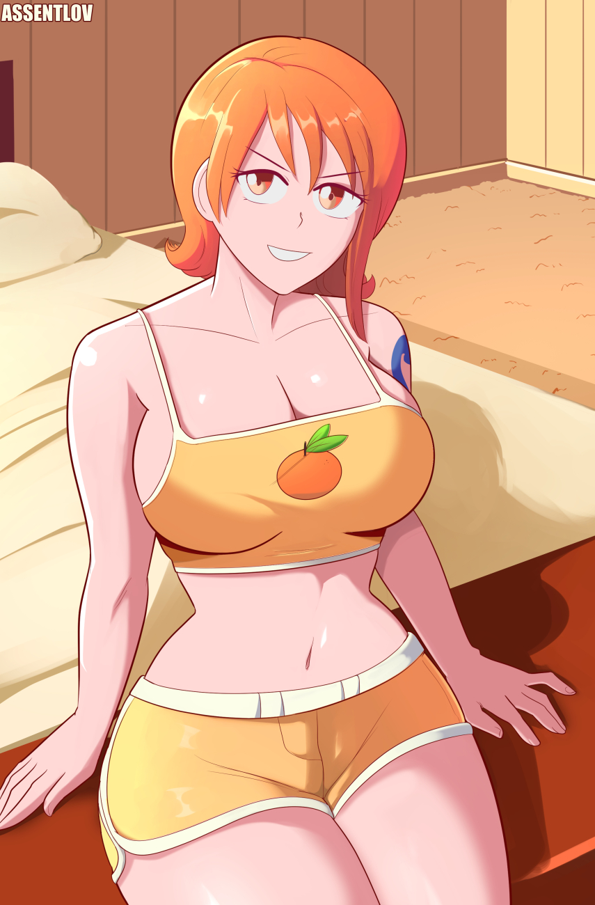 1girls, arm tattoo, assentlov, blue tattoo, breasts, brown eyes, cleavage, female, female only, fully clothed, hourglass figure, large breasts, looking at viewer, medium hair, nami (one piece), one piece, orange hair, orange-haired female, solo, tattoo