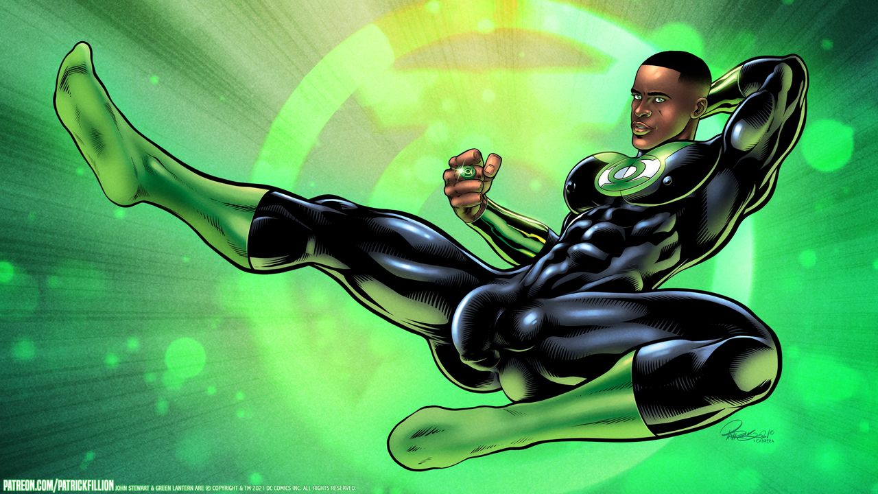 1boy abs ass dark-skinned_male dark_male_only dark_skin dc dc_comics flying fully_clothed green_lantern green_lantern_(series) john_stewart male male_focus male_only patrick_fillion pecs skin_tight solo solo_male