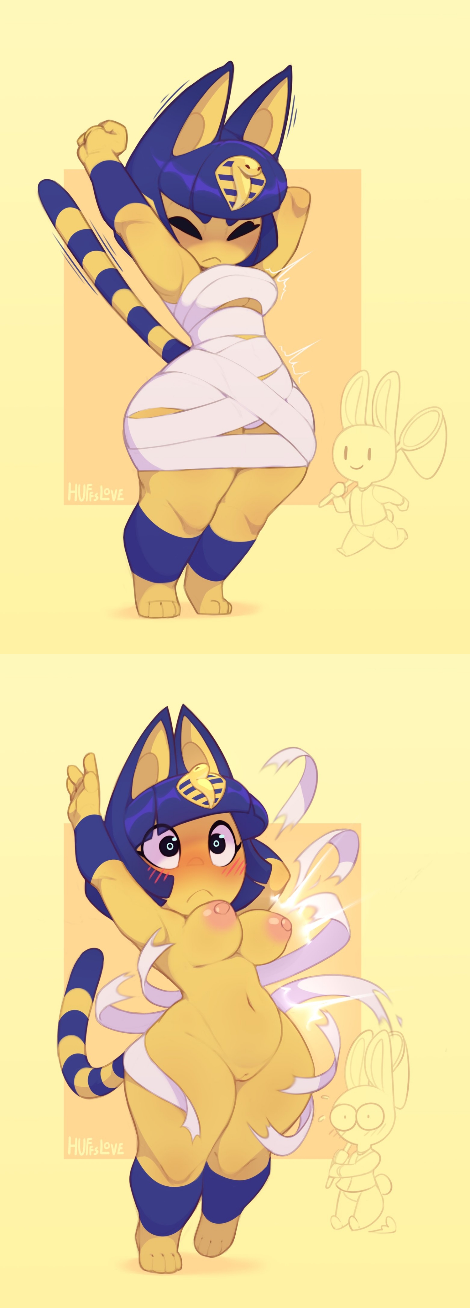 1girls, accidental exposure, animal crossing, animal humanoid, ankha, ankha (animal crossing), anon, areolae, background, bandages, black eyes, breasts, exposed breasts, exposed pussy, female, huffslove, naked female, nintendo, nipples, nude, nude female, precarious clothing, pussy, ripped clothing, shocked, shortstack, stretching, torn clothes, torn clothing, wardrobe malfunction, wide eyed