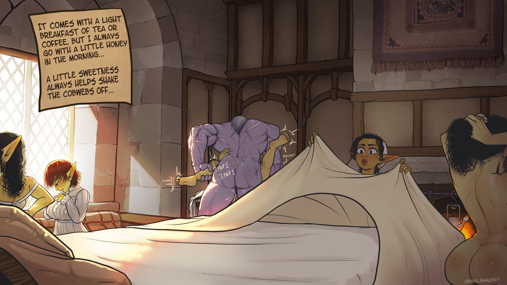 1boy, 5girls, ass, black hair, brown hair, comic, detailed background, english text, female, goblin, goblin female, goblin town, green skin, hi res, horns, male, minotaur, missionary position, muscular, muscular male, nude, nude female, nude male, on table, orcbarbies, pointy ears, purple skin, scars, shortstack, text box, white hair