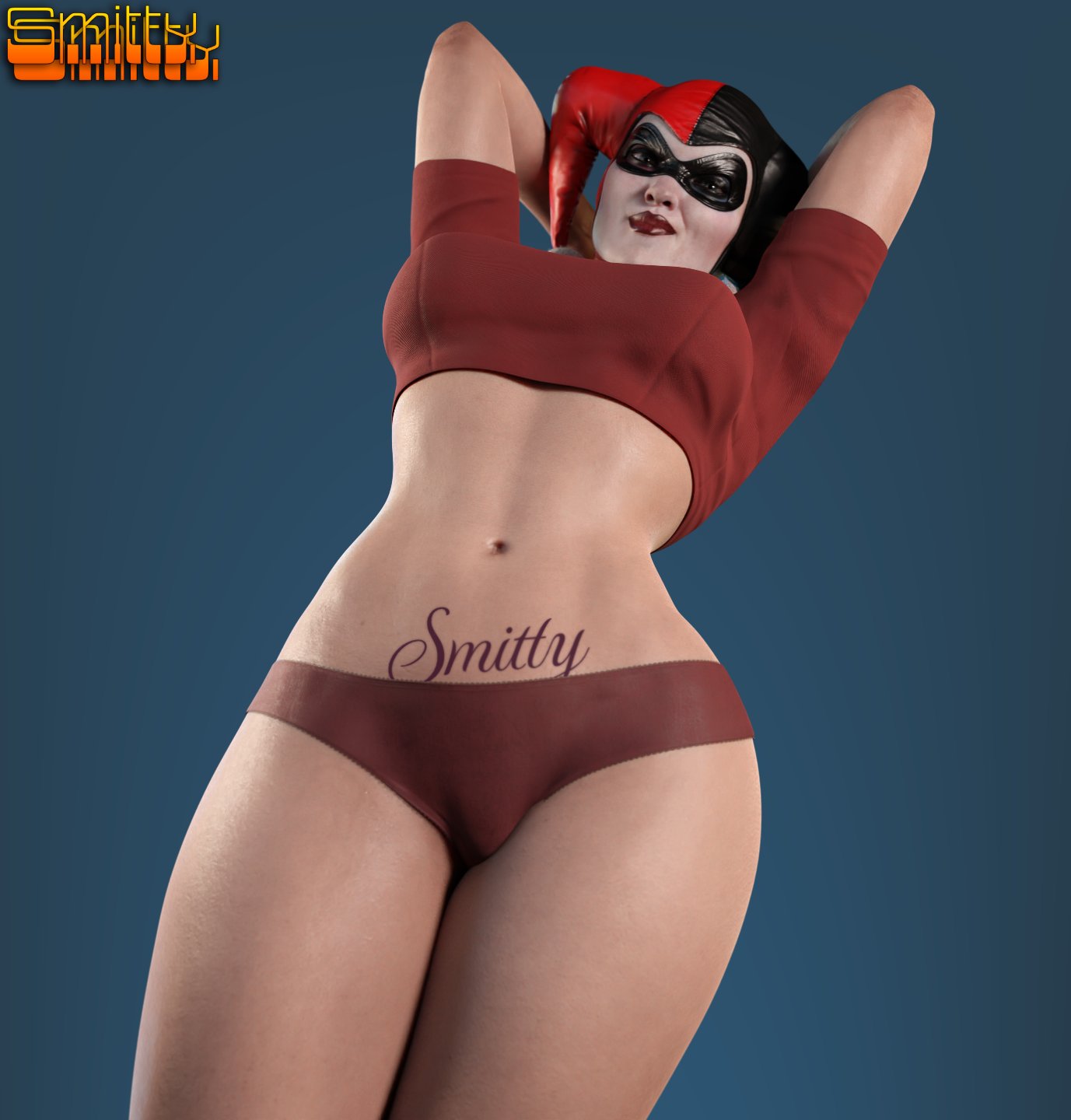 1girls, 3d, 3d (artwork), arms behind head, arms up, batman (series), blender (software), blue background, breasts, crop top, dc, dc comics, female, female only, harley quinn, harley quinn (classic), harley quinn (injustice), hips, injustice 2, large breasts, low-angle view, panties, pubic tattoo, simple background, smitty34, solo, solo female, tagme, tattoo, thick thighs
