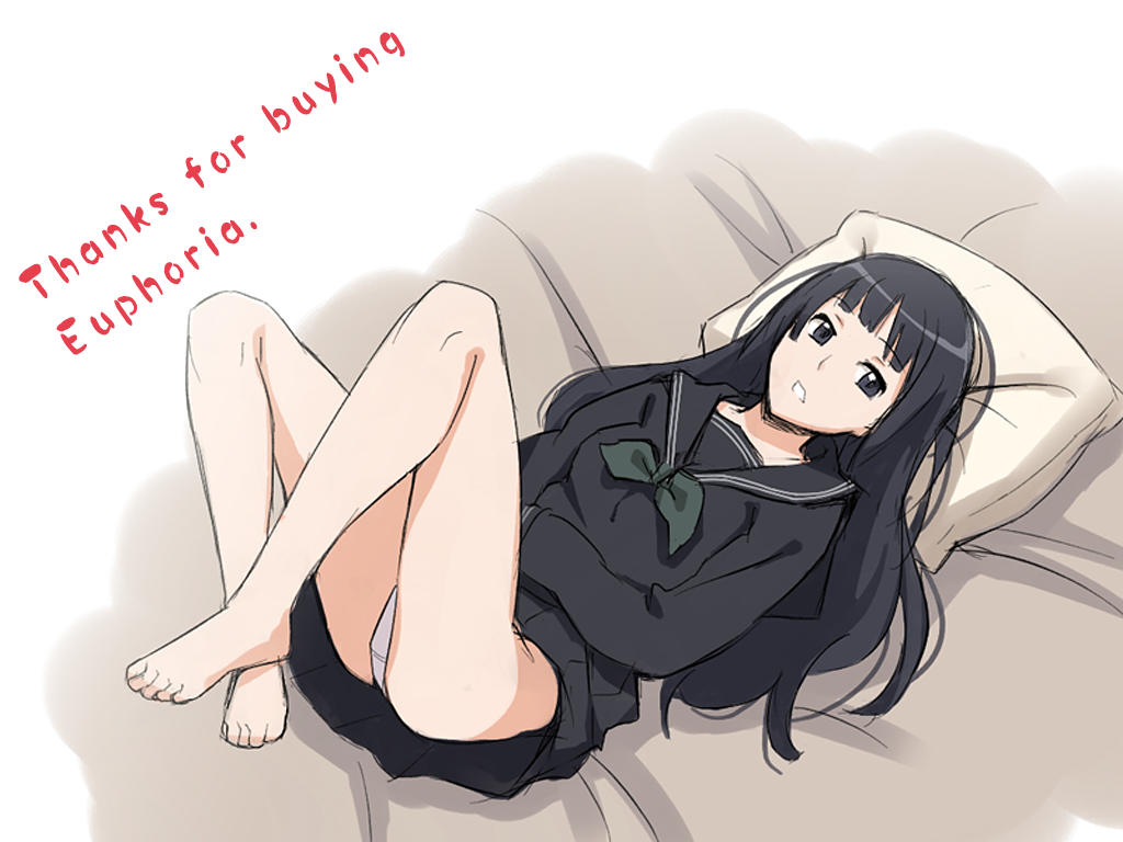 1girls black_hair byakuya_rinne clockup colored euphoria euphoria_(clockup) female grey_eyes hime_cut long_hair lying_on_bed panties school_uniform schoolgirl tagme teen teen_girl teenage teenage_girl teenager young