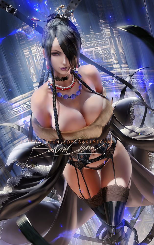 1girls, 2022, artist signature, black hair, black panties, breasts, cleavage, female, female only, final fantasy, final fantasy x, garter belt, garter straps, hair over one eye, hips, huge breasts, lipstick, long hair, lulu (final fantasy), panties, red eyes, sakimichan, slim waist, square enix, thick lips, thick thighs, thighhighs, thighs, watermark, wide hips
