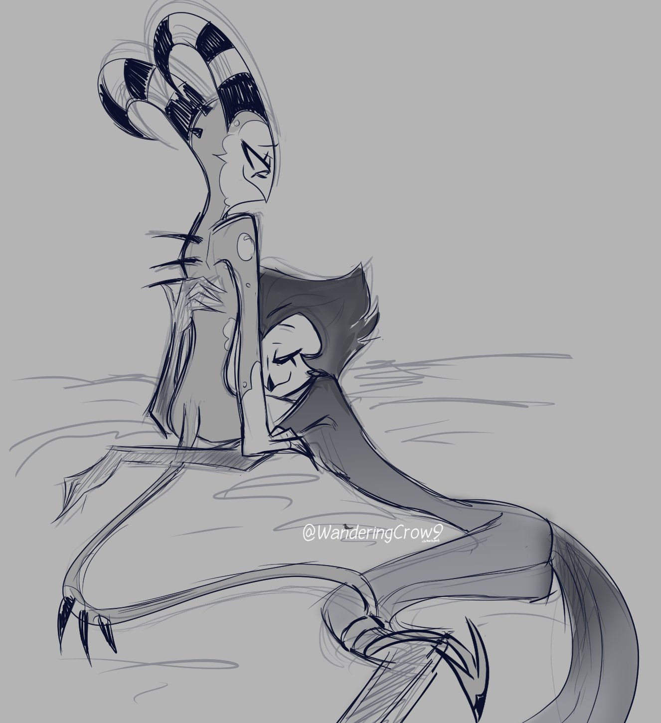 after sex, bird, bird tail, blitzo (helluva boss), closed eyes, couple, couple love, cute, demon tail, drawn, gay, helluva boss, holding, horns, imp, looking down at partner, male, male/male, naked, no clothes, nude, owl, owl demon, owl humanoid, rough sketch, spikes, spikes on back, stolas (helluva boss), stolitz, striped horns, tail, wanderingcrow9 (artist), wholesome