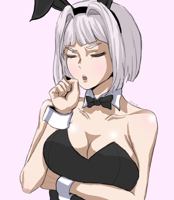 blush blushing bow bowtie bunny_ears bunnysuit cleavage closed_eyes embarrassed eyes_closed fake_animal_ears female hair_intakes leotard library_of_ruina lobotomy_corporation myo myo_(lobotomy_corporation) open_mouth project_moon rabbit_ears tagme white_hair wrist_cuffs