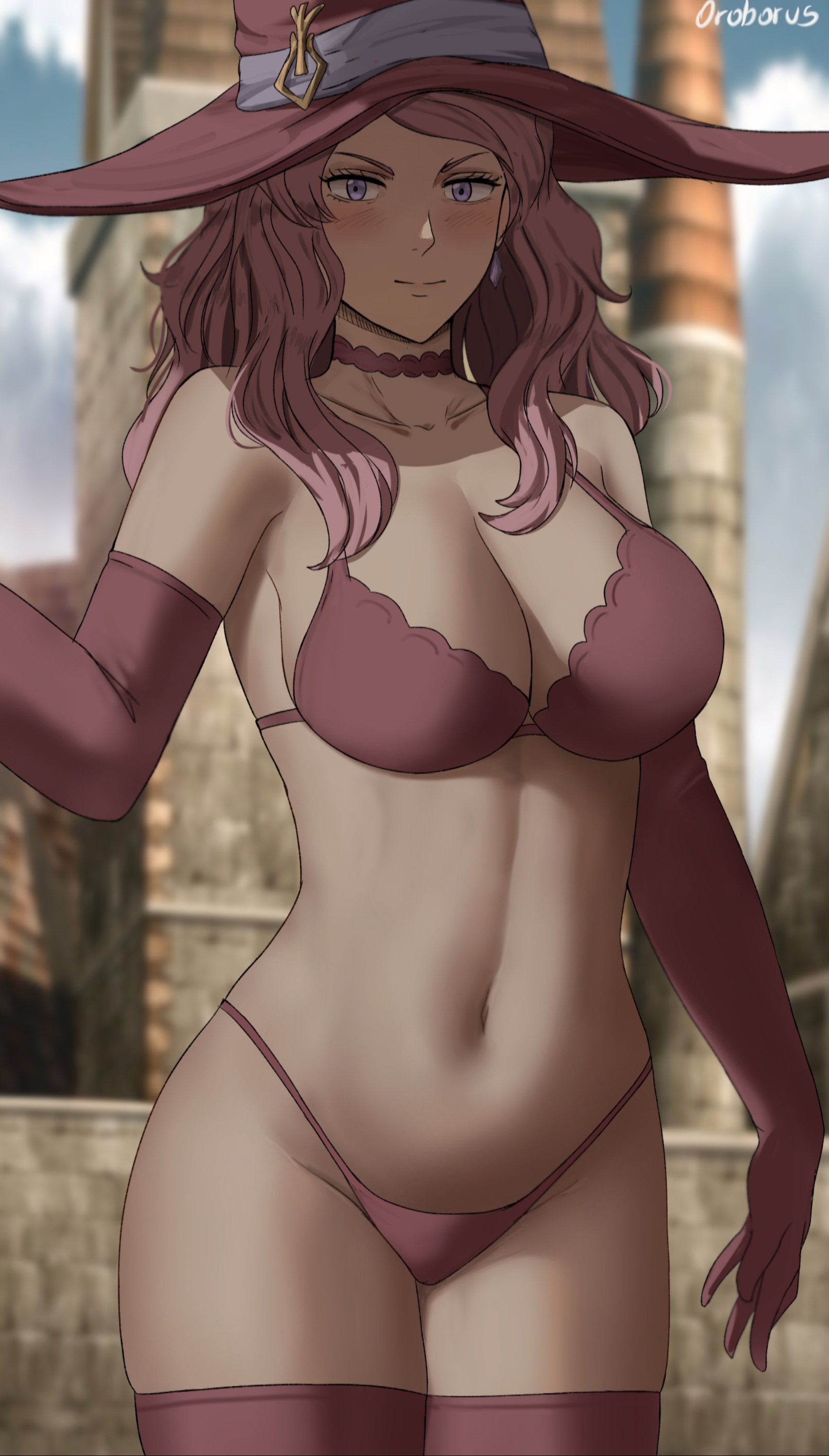 1girls, big breasts, black clover, bra, breasts, elbow gloves, female, female only, femdom, gloves, hat, large breasts, looking at viewer, navel, oroborusart, panties, pink hair, purple eyes, savagexthicc, solo, solo female, thick, thick thighs, underwear, vanessa enoteca, voluptuous