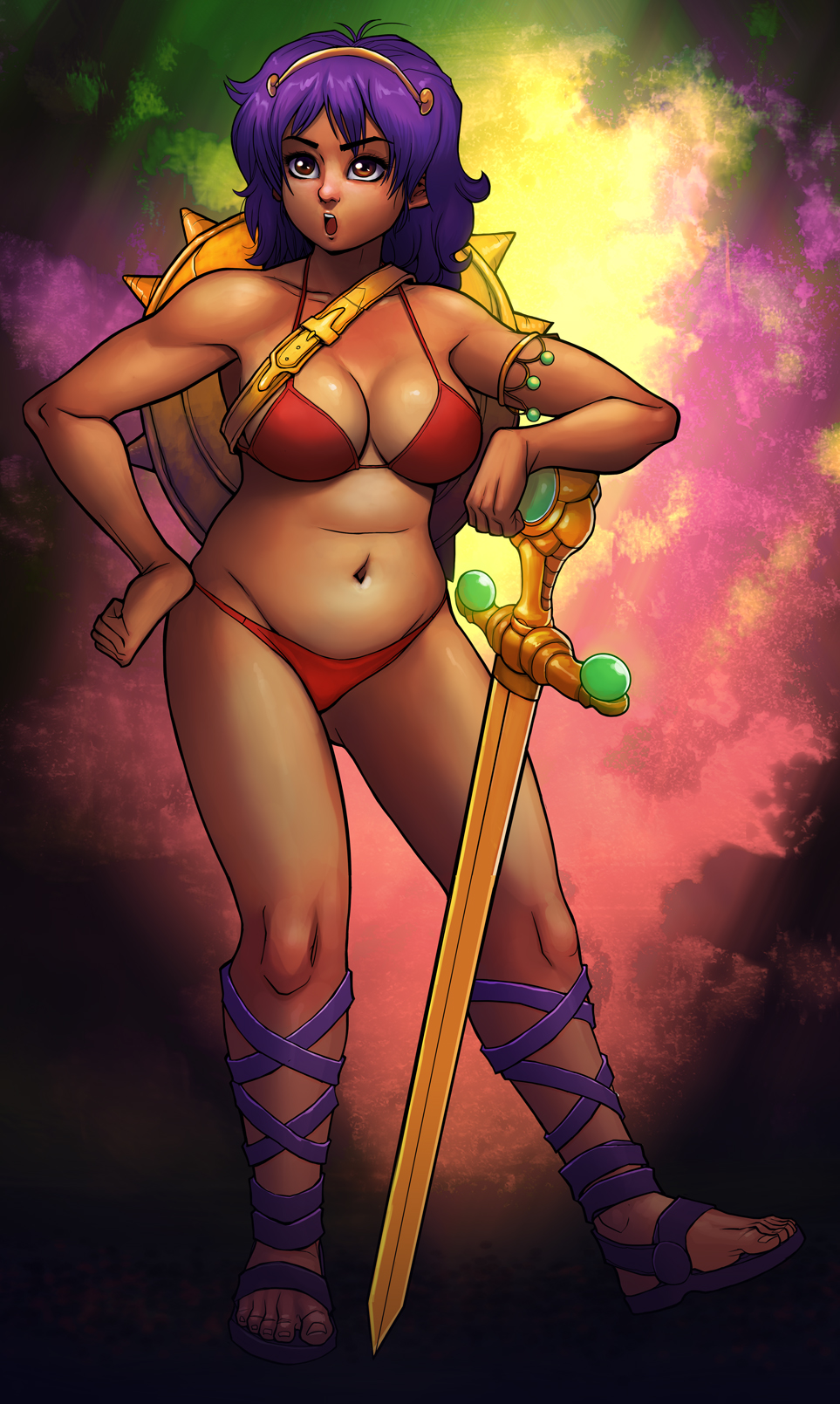 1girls athena_(series) bikini large_breasts medium_hair princess_athena purple_hair shield sword triplexmile unconvincing_armor voluptuous