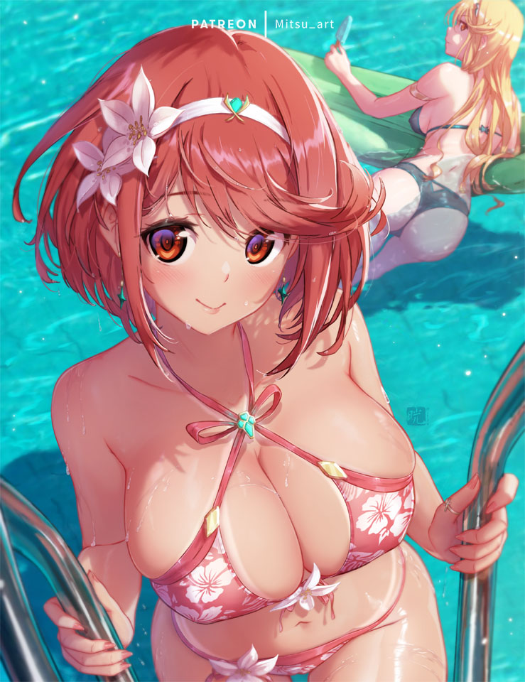2022, 2girls, artist signature, bangs, bikini, black bikini, blonde hair, breasts, cleavage, female, female only, flower pattern, gold eyes, huge breasts, long hair, looking at viewer, mitsu art, mythra, nintendo, outdoors, patreon username, pool, pyra, red bikini, red eyes, red hair, short hair, smile, swept bangs, tan, tan-skinned female, tanned skin, water, watermark, wet, xenoblade (series), xenoblade chronicles 2