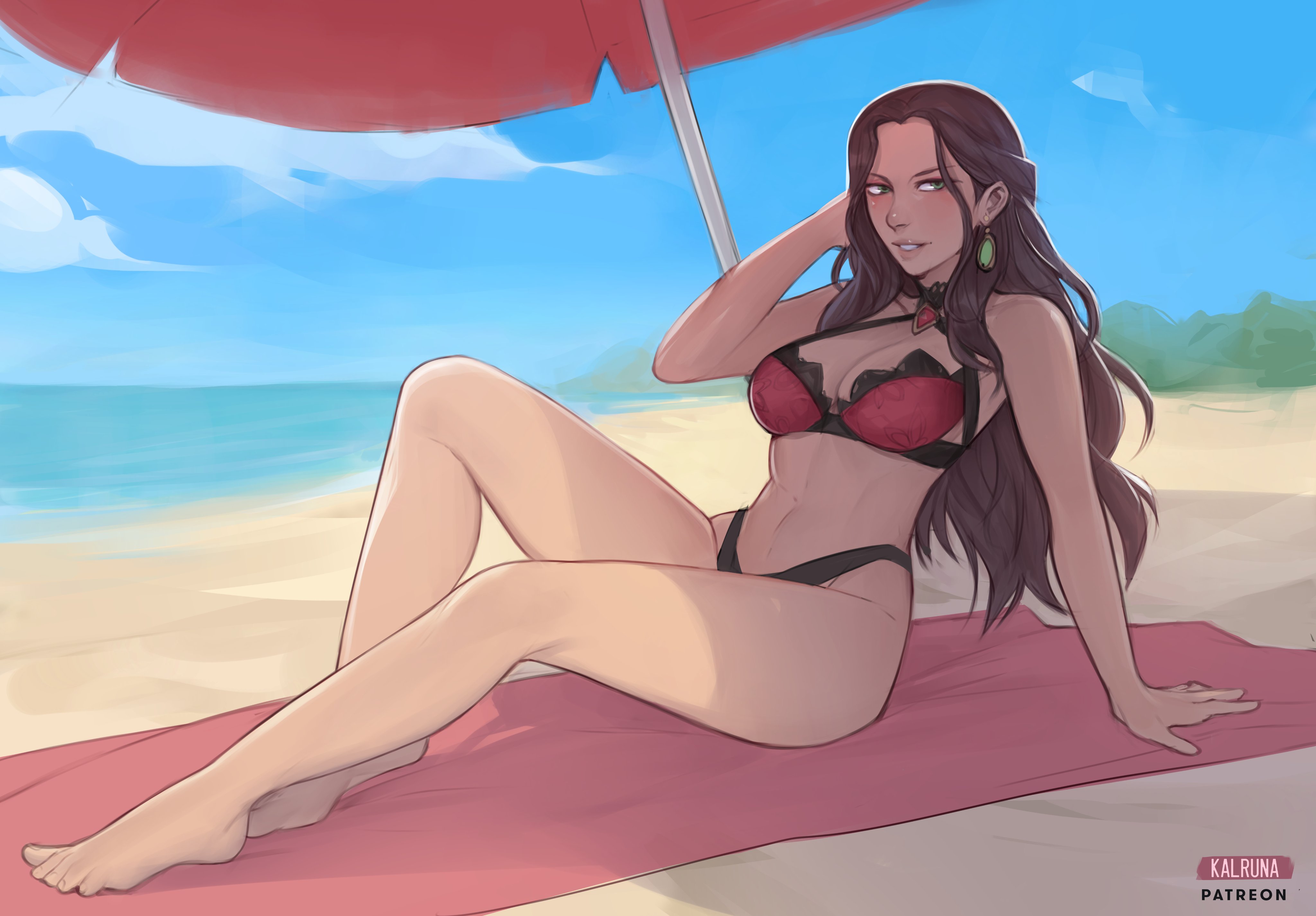 1girls, alternate costume, bare legs, barefoot, beach, bikini, braid, breasts, brown eyes, cleavage, dorothea arnault, earrings, female, female only, fire emblem, fire emblem warriors: three hopes, fire emblem: three houses, green eyes, grin, kalruna, large breasts, legs, long hair, nintendo, ocean, official alternate hairstyle, outdoors, red bikini, red swimsuit, sand, smile, solo, swimsuit