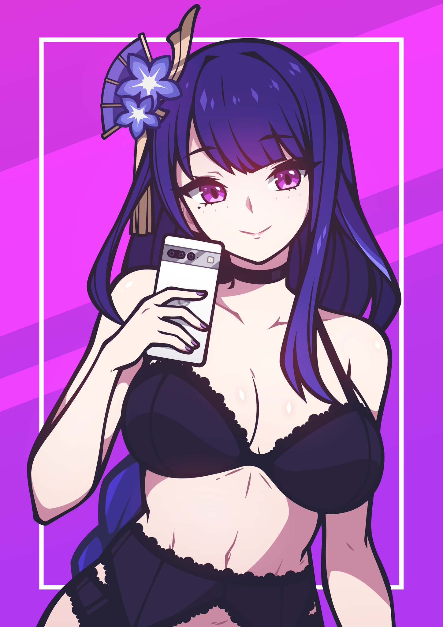 1girls, 2022, bacon strips (artist), big breasts, bra, breasts, female, garter belt, genshin impact, long hair, panties, phone, purple eyes, purple hair, purple nail polish, purple nails, raiden shogun, selfie, shiny breasts, shiny skin, smile, smiling, smiling at viewer, white skin