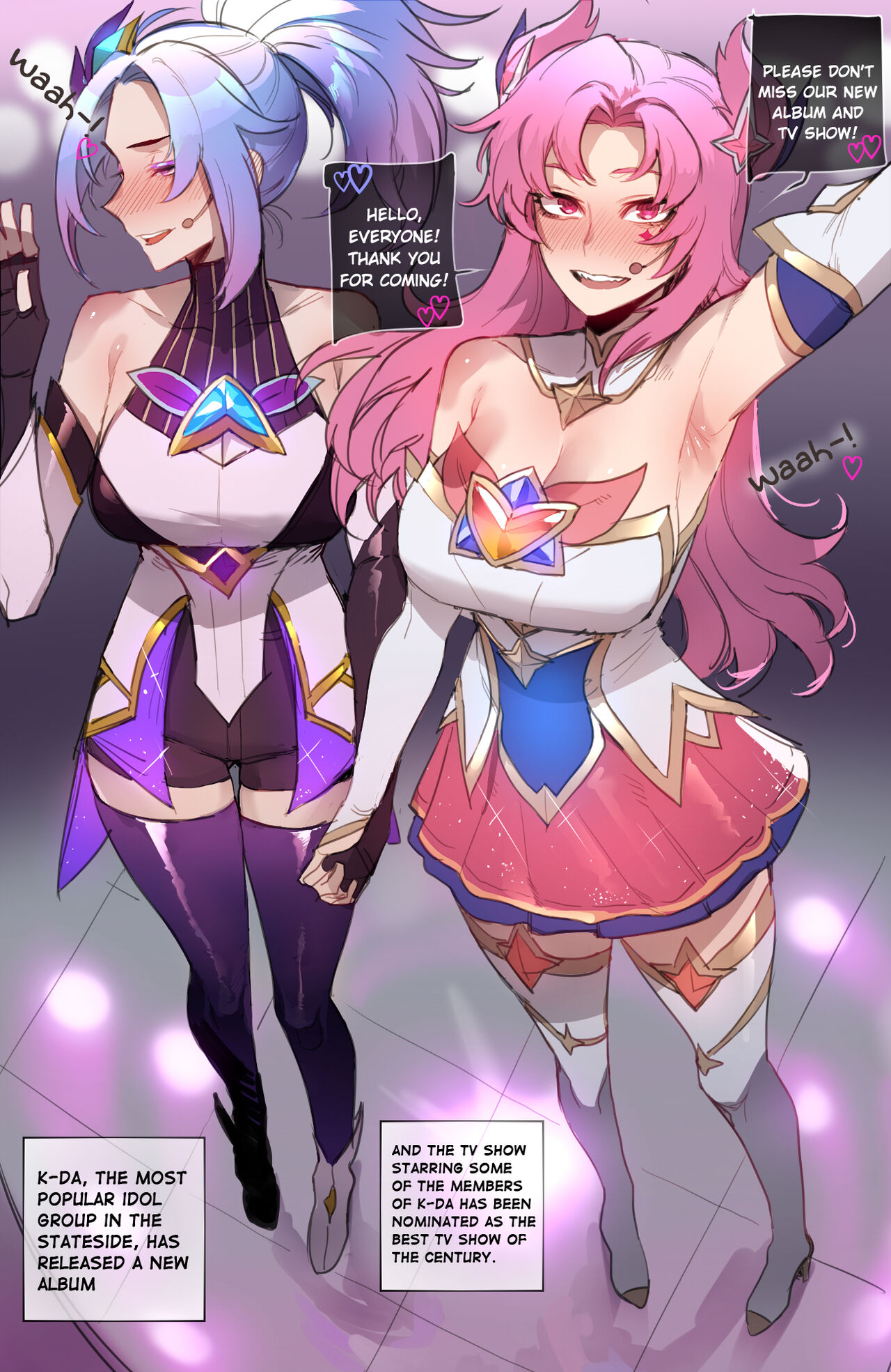 2girls, akali, arm up, armpits, ass, athletic, athletic female, breasts, dress, english dialogue, english text, female, full body, holding hands, human, kai'sa, league of legends, multiple females, multiple girls, naked, ratatatat74, riot games, short hair, standing, star guardian akali, star guardian kai'sa, star guardian series, thighhighs