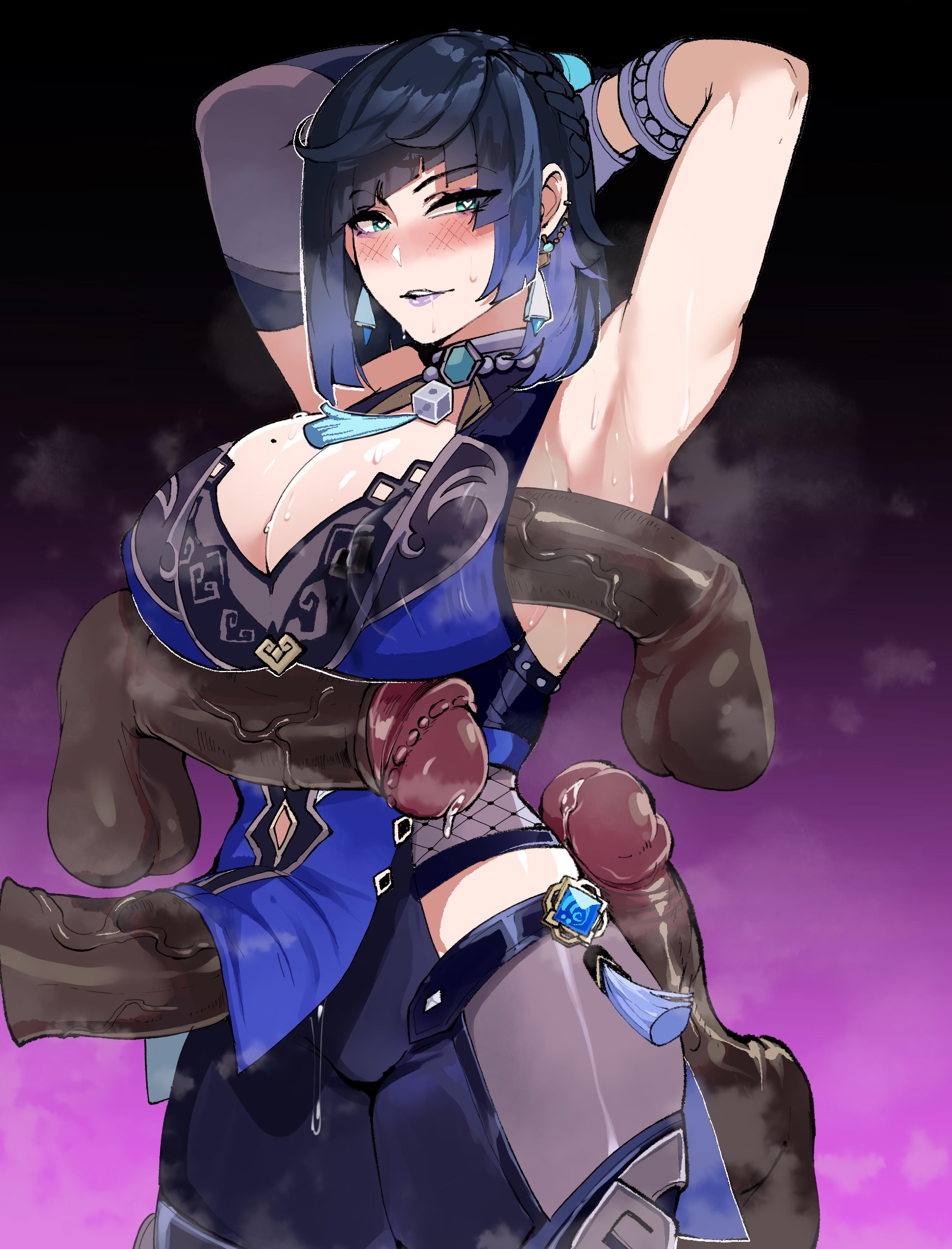 4boys, armpits, arms up, big breasts, blue eyes, breasts, churled, cleavage, female, genshin impact, heart-shaped pupils, hilichurls (species), huge breasts, huge cock, jewelry, large penis, male, mitachurl, penis, penis rubbing breast, presenting hindquarters, solo focus, thiccwithaq, yelan (genshin impact)