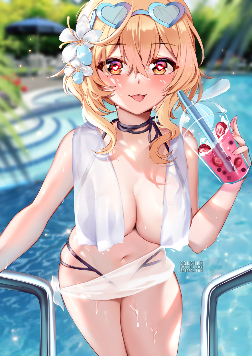 1girls, 2022, bikini, black bikini, blonde hair, blush, breasts, covering breasts, drink, female, female only, flower, flower hair ornament, flower in hair, genshin impact, gold eyes, heart-shaped eyewear, hips, holding object, large breasts, long hair, lumine (genshin impact), naughty face, outdoors, slim waist, smile, squchan, sunglasses, sunglasses on head, thick thighs, thighs, towel, towel around neck, wide hips