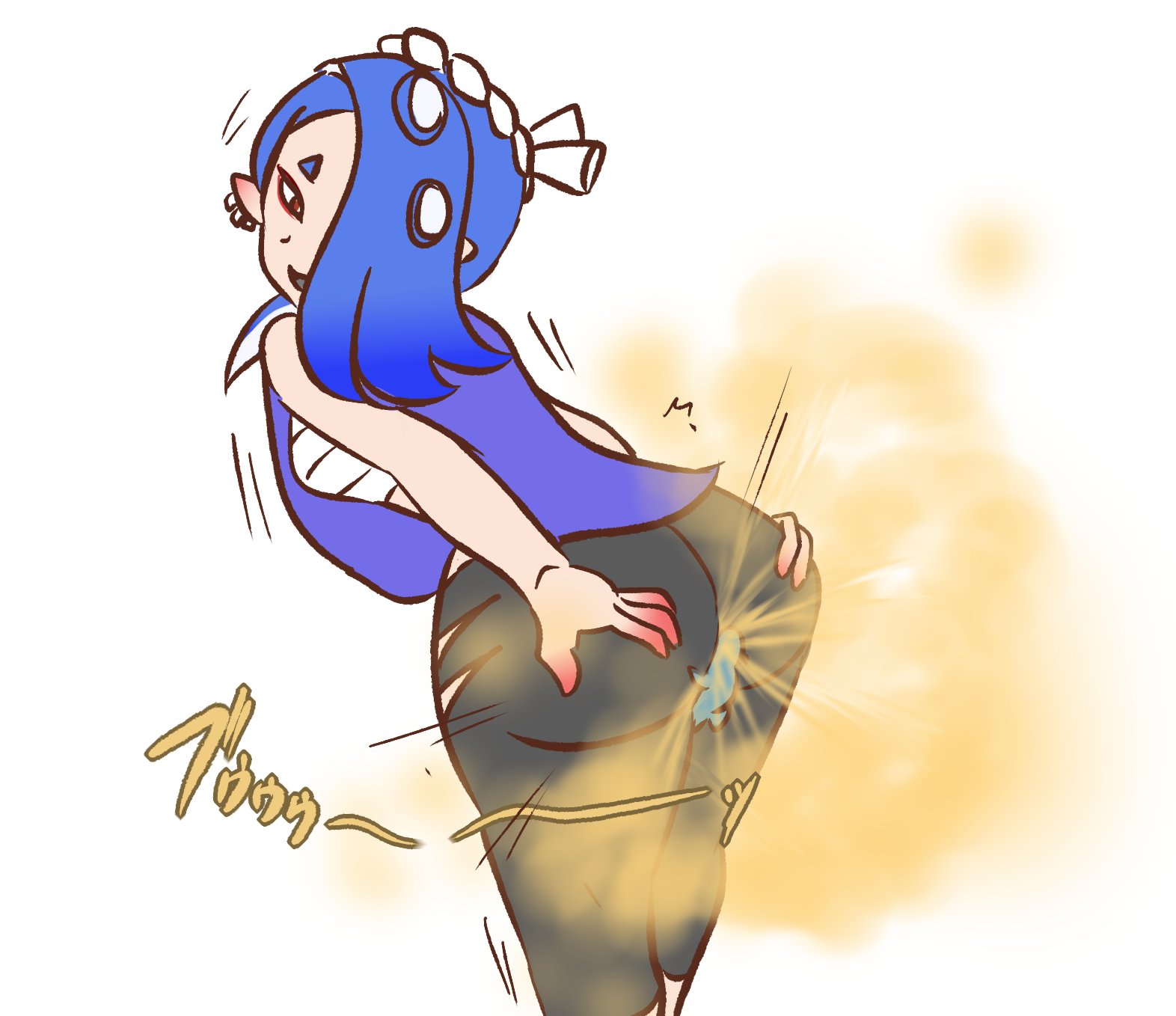 ass, bubble ass, bubble butt, fart, fart cloud, female, looking at viewer, shiver (splatoon), smiling, splatoon, splatoon 3