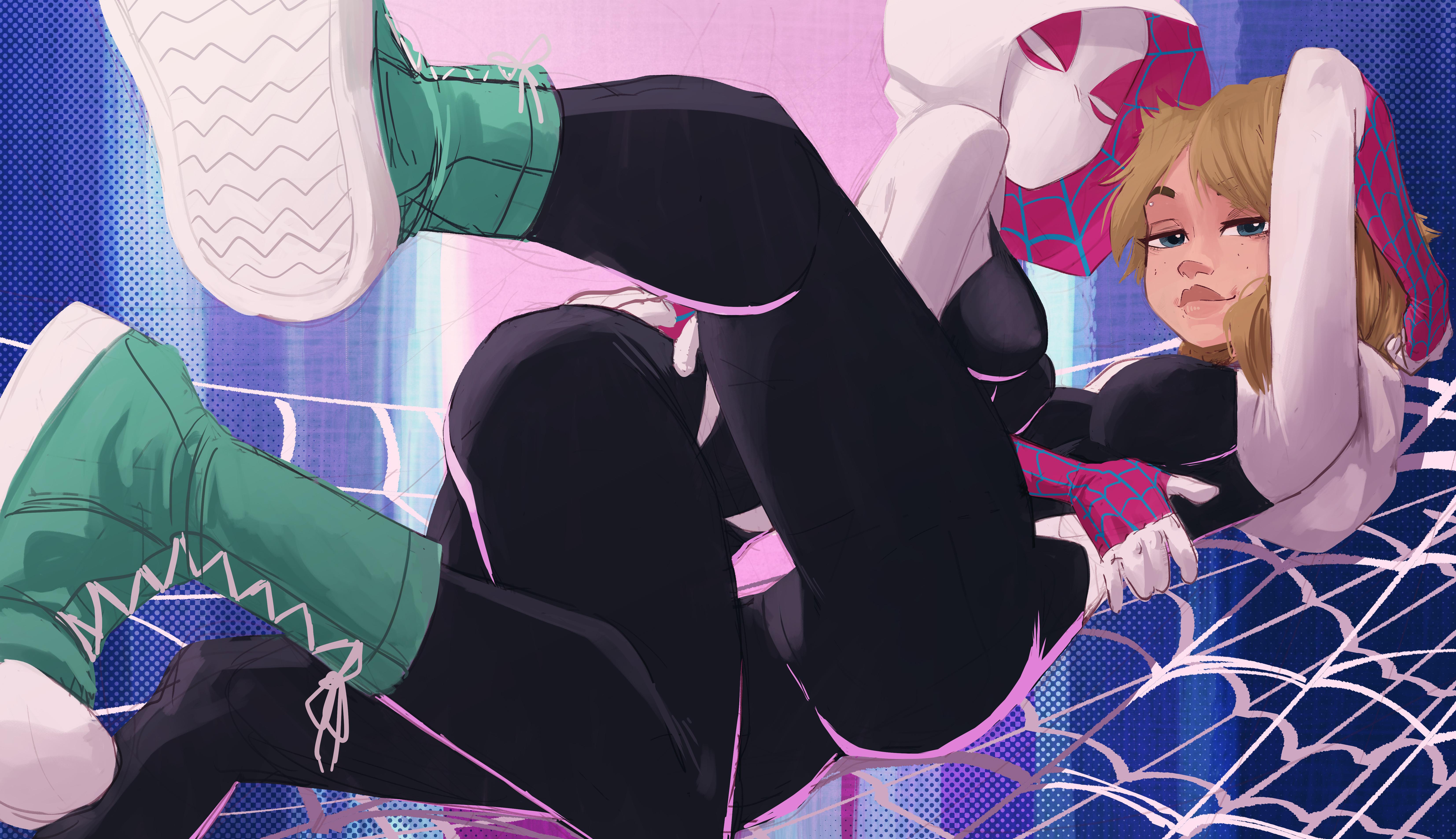 2girls, abstract background, arms behind head, asymmetrical hair, blonde hair, blonde-haired female, blue eyes, coolerinker, eyebrow piercing, female, female only, freckles, freckles on face, gwen stacy, hands on sides, holding another, hood, hood up, inker comics, inkershike, looking at viewer, lying, lying on back, marvel, marvel comics, mask, masked, masked female, multiple females, multiple girls, nipple outline, nipples visible through clothing, no artist signature, no source, on top, on top of another, selfcest, simple background, sneakers, spider web, spider-gwen, spider-man (series), spider-man: into the spider-verse, superheroine, yuri
