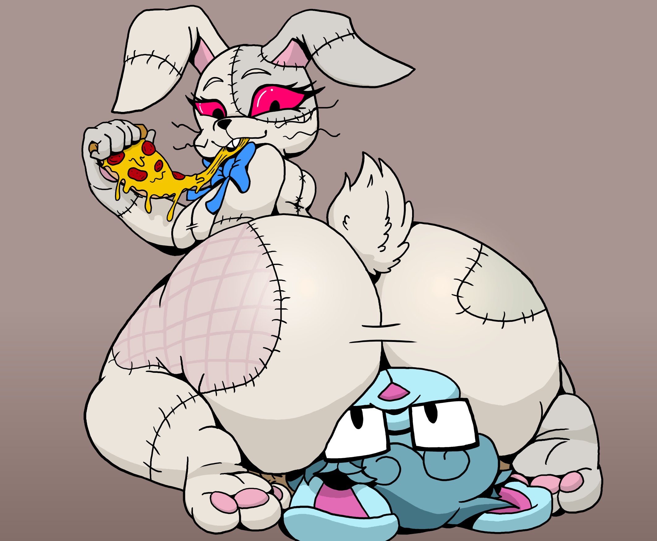 1boy, 1girls, anthro, ass on face, ass worship, biscuit nsfw, bunny, eating, facesitting, female, five nights at freddy's, furry, furry only, male, pizza, rabbit, red sclera, straight, tight clothing, vanny (fnaf), weebusracoonus