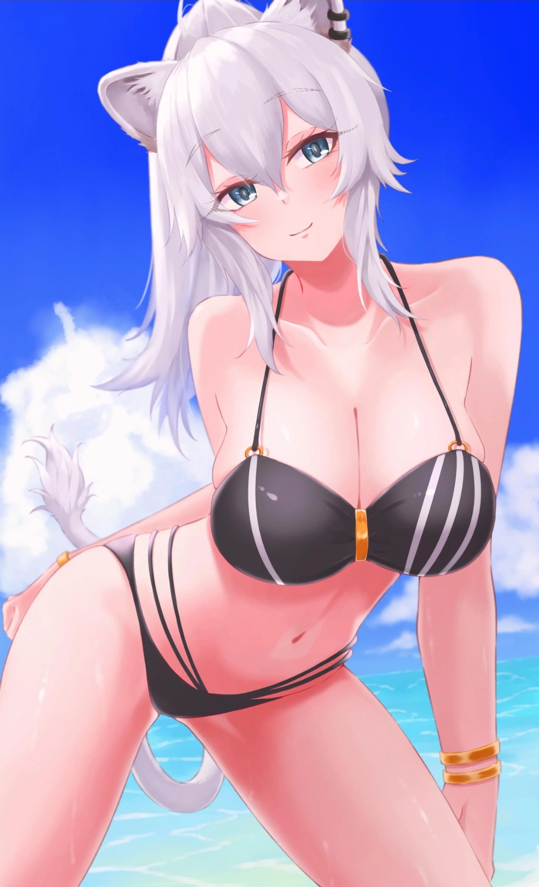 animal ears, bikini, black bikini, breasts, cute, female, highres, hololive, hololive gen 5, hololive japan, large breasts, looking at viewer, navel, shishiro botan, stomach, swimsuit, tail, thick thighs, thighs, virtual youtuber, water, white hair