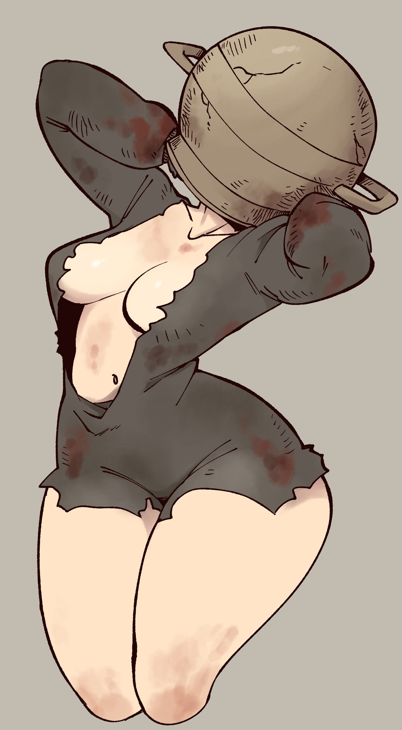blood stain, breasts, cleavage, elden ring, female, female only, fromsoftware, headgear, helmet, masked, masked female, medium breasts, no bra, nuclearwasabi, revealing clothes, short dress, solo, stained clothes, tarnished, thick thighs, torn clothes, wide hips