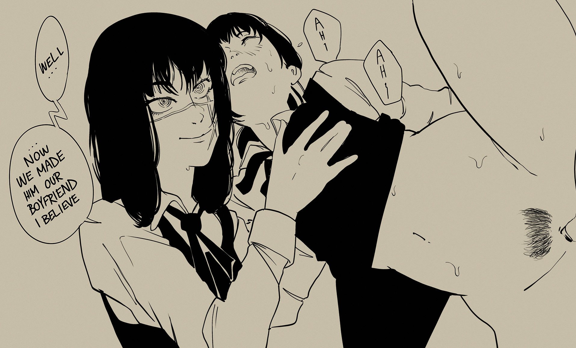 1boy, 2girls, black and white, chainsaw man, dialogue, english text, female, female penetrated, mitaka asa, monochrome, penetration, penis, pubic hair, sex, tbdlewds, text, vaginal penetration, vaginal sex, war devil (chainsaw man), yoru (chainsaw man)
