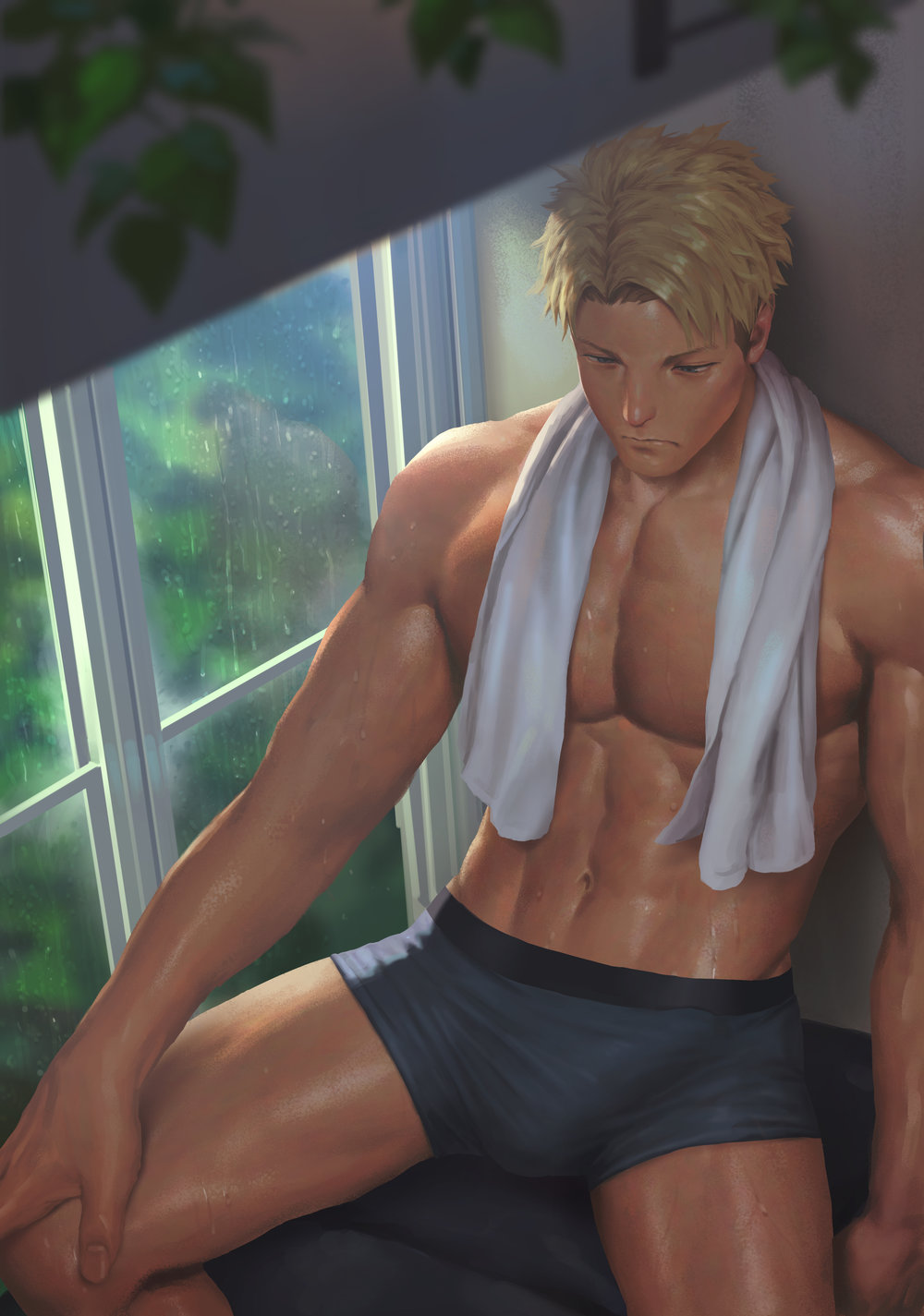 1boy, big cock, big penis, blonde hair, bulge, bulge through clothing, cock, erection, erection under clothes, hard on, high-angle view, huge cock, loid forger, male, male only, muscles, muscular, muscular male, nude, nude male, pecs, pectorals, penguin frontier, penis, sitting, solo, solo male, spy x family, towel, towel around neck, underwear, wet, wet body, wet skin