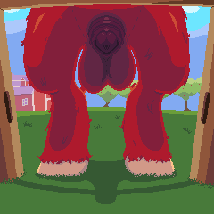 2d ambiguous_form animal_genitalia animal_penis apple balls barn big_macintosh_(mlp) cloud detailed_background equid equine equine_penis farm fence feral friendship_is_magic fur fur_tuft genitals grass hasbro hind_legs hooves loose_noose male male_only mammal medial_ring mountain my_little_pony orchard penis pixel_art plant red_body red_fur shadow sheath solo standing tree tuft window