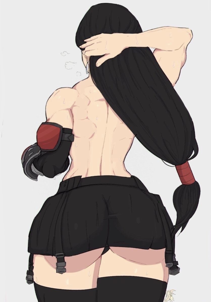 ass, back muscles, big ass, big butt, black hair, earrings, female, final fantasy, final fantasy vii, muscles, muscular, muscular female, skirt, tagme, thick thighs, thighhighs, tifa lockhart, toned, toned female, yoracrab