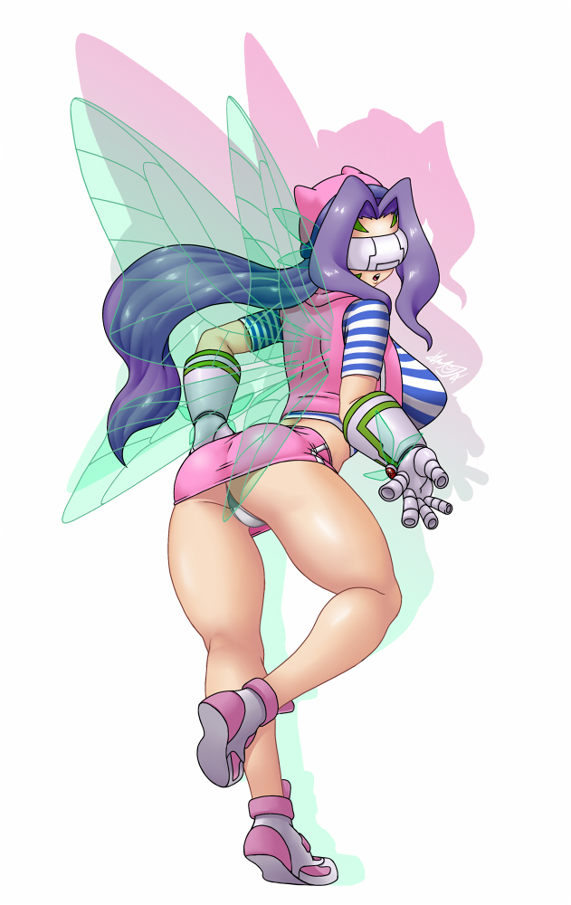 4_wings ass_focus back big_ass big_breasts big_butt breasts clothed digimon digimon_frontier fairimon fairy fairy_wings fairymon female female_only kazemon purple_hair visor vlaimk white_underwear wings