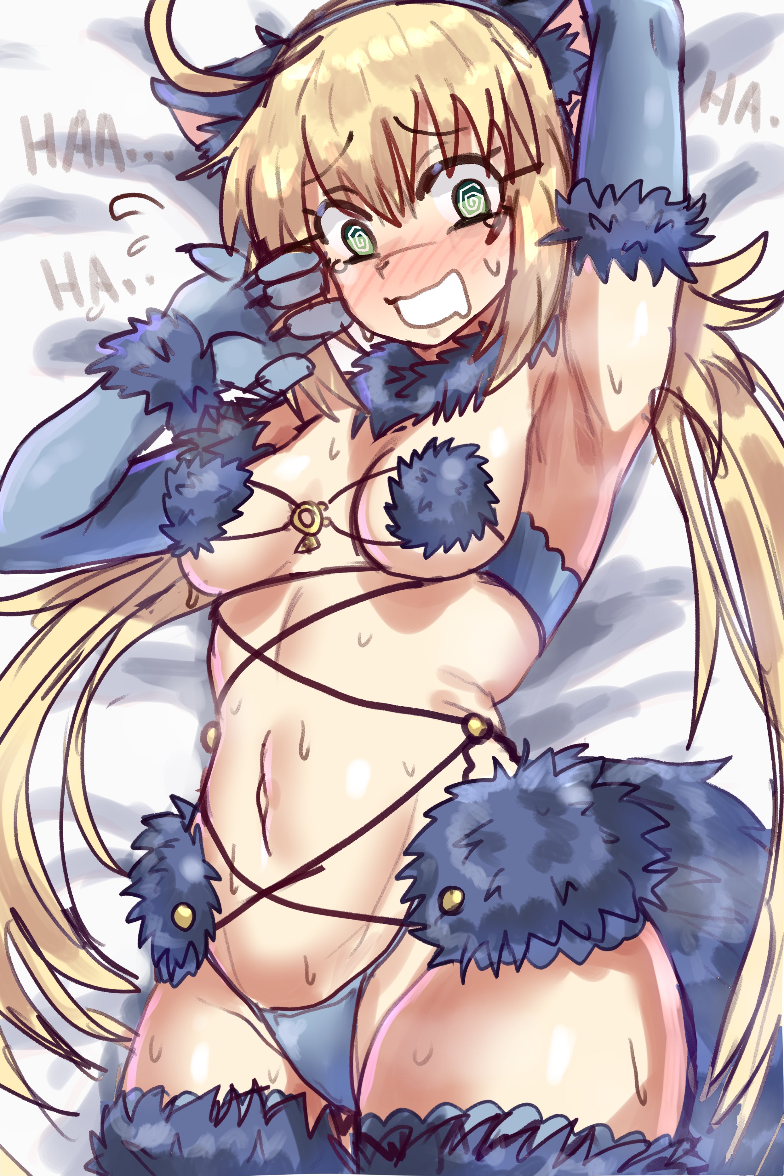 1girls, ahoge, artoria caster (fate), artoria pendragon (caster), bikini, blonde hair, blush, breasts, ebora, embarrassed, fate (series), fate/grand order, female, fur bikini, green eyes, light skin, light-skinned female, long hair, mash kyrielight (dangerous beast) (cosplay), medium breasts, revealing clothes, thighs, twintails, youngmanisdown