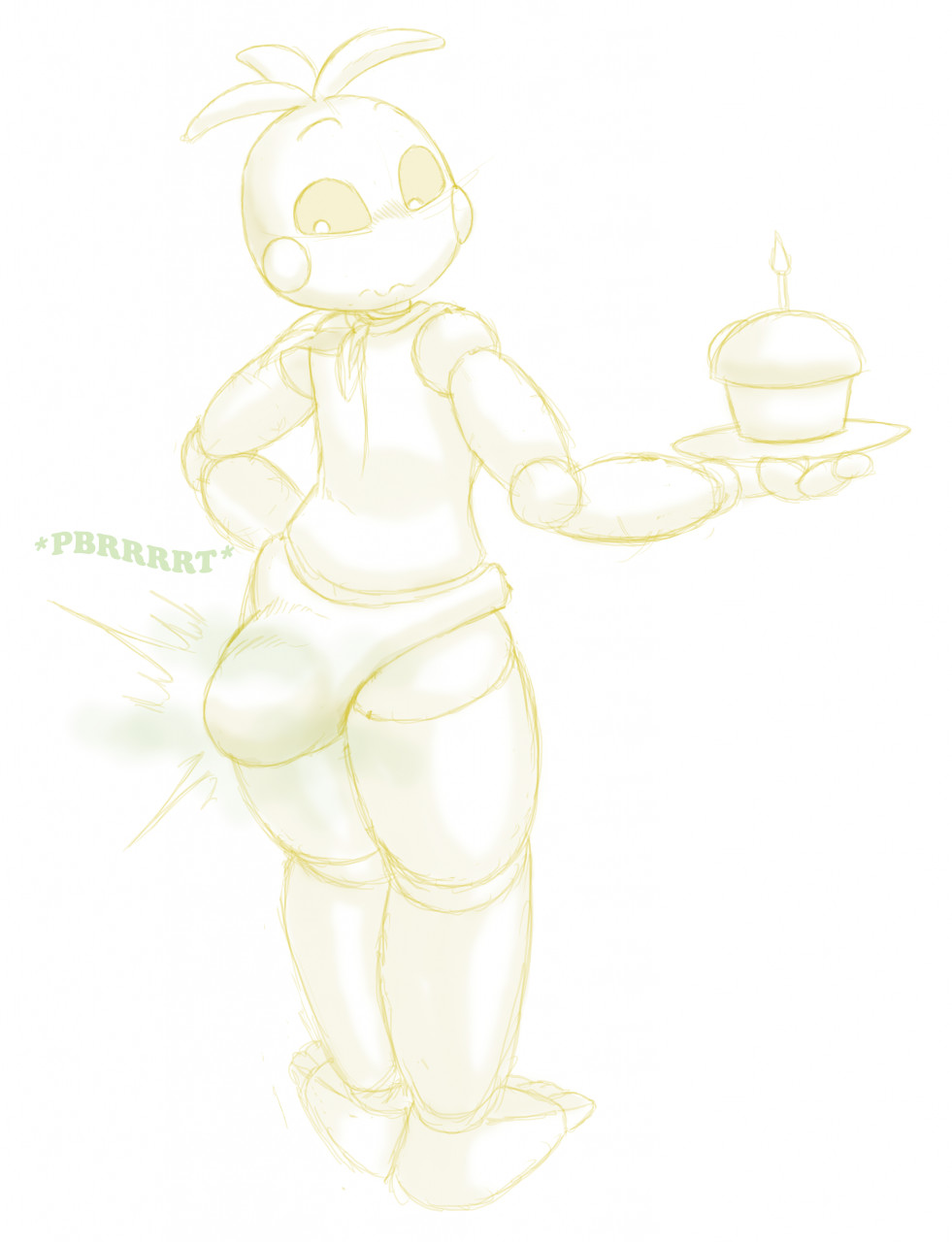 1girls, animatronic, chicken, fart, female, five nights at freddy's, five nights at freddy's 2, krinklymay, looking back, messing, onomatopoeia, panty poop, robot, scat, scottgames, simple background, sketch, soiling, toy chica (fnaf)