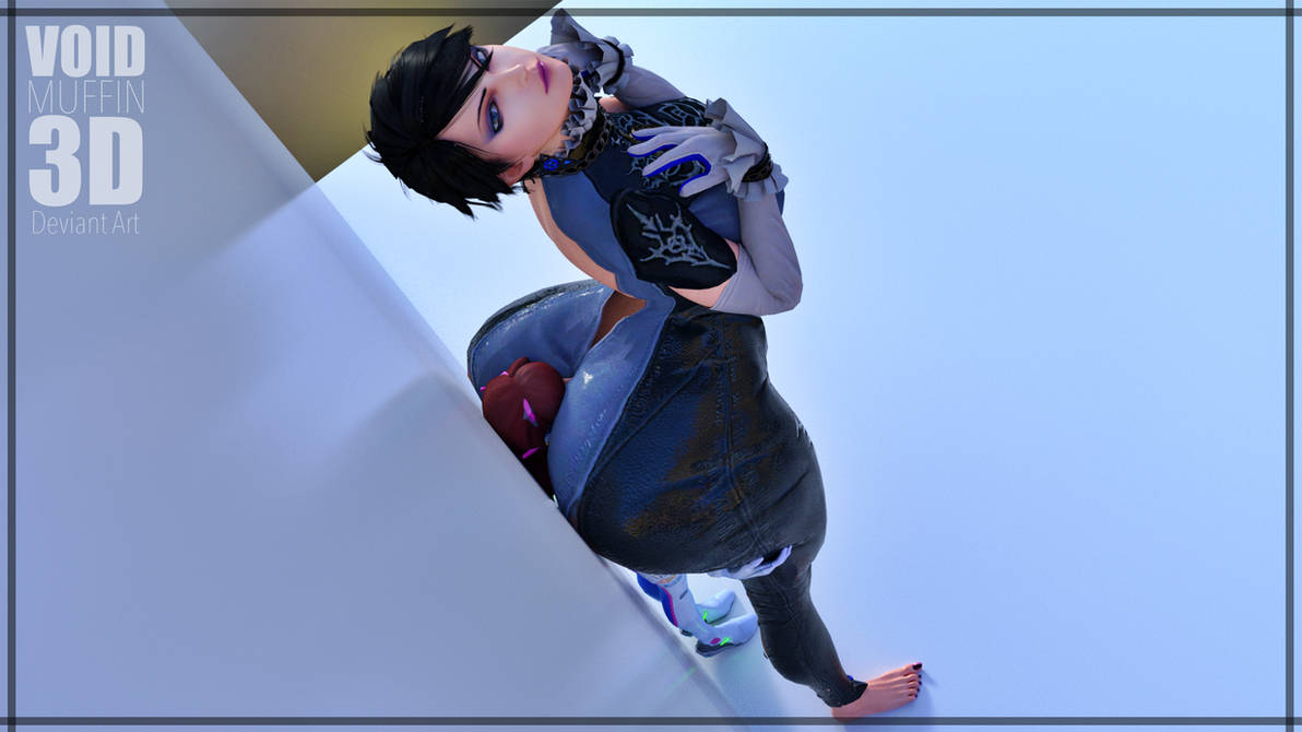 2girls 3d ass_smothering barefoot bayonetta bayonetta_(character) bayonetta_2 big_ass big_butt d.va feet giantess huge_ass larger_female overwatch size_difference taller_girl voidmuffin3d