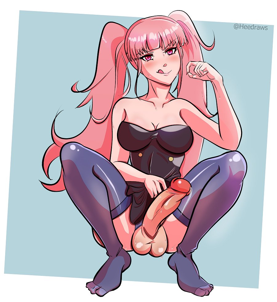 1futa balls blue_stockings breasts clothed clothing fire_emblem fire_emblem:_three_houses futa_only futanari garreg_mach_monastery_uniform heedraws hilda_valentine_goneril human licking_lips light-skinned_futanari light_skin long_hair mostly_clothed nintendo penis pink_eyes pink_hair precum_drip solo squatting stockings testicles thighhighs twintails