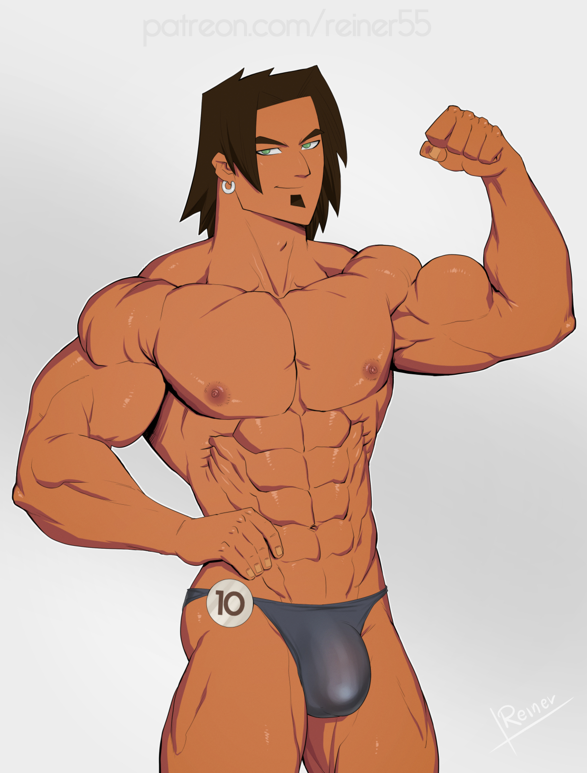 alejandro burromuerto (tdi), big muscles, blue eyes, bulge, dark hair, ear ring, flexing, gay, hand on hip, looking at viewer, male, male focus, male only, muscles, muscular, muscular arms, muscular male, reiner55, thong, total drama island, underwear, yaoi