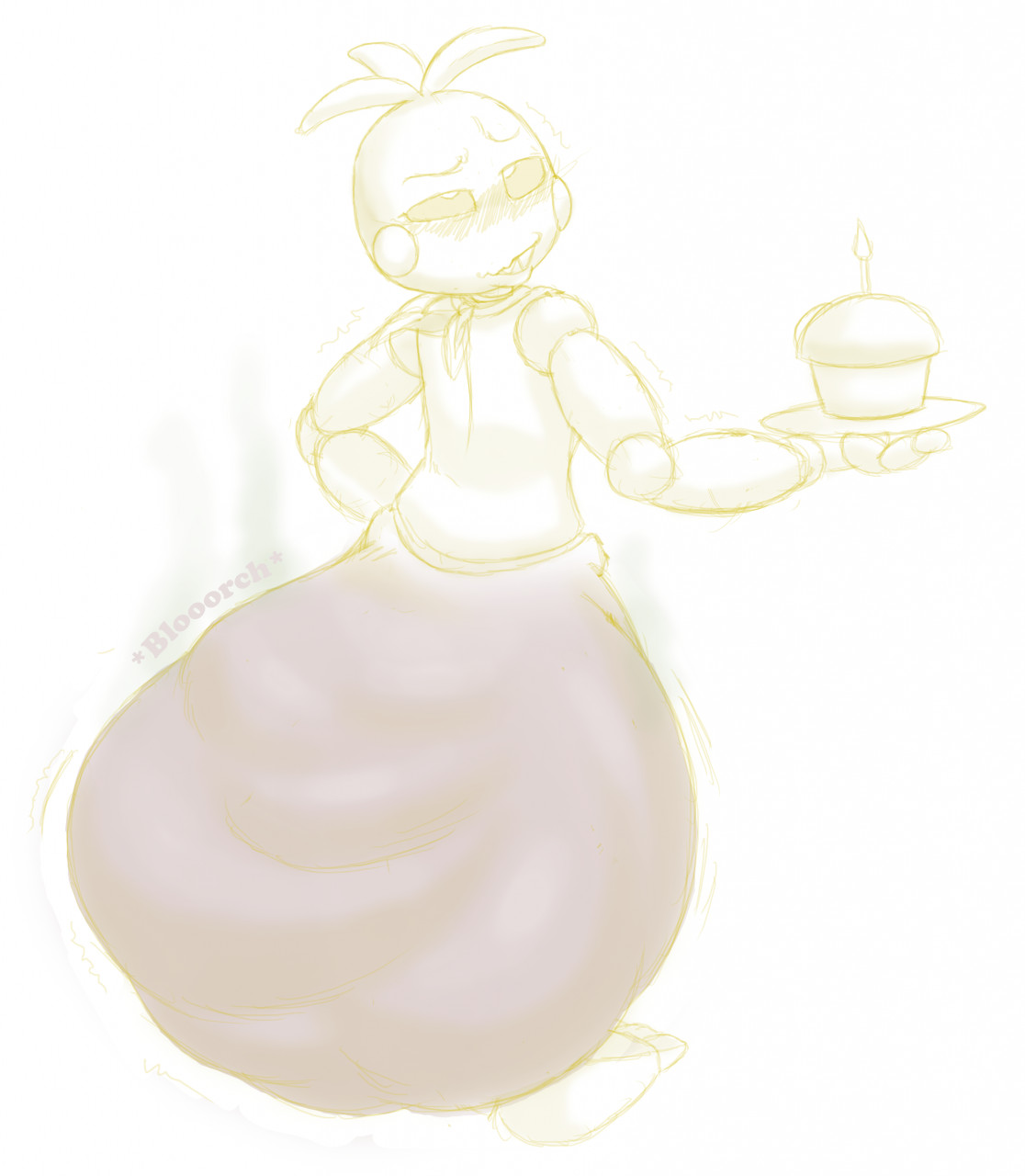 1girls, animatronic, chicken, fart, female, five nights at freddy's, five nights at freddy's 2, hyper, hyper feces, hyper scat, krinklymay, looking back, messing, onomatopoeia, panty poop, robot, scat, scottgames, simple background, sketch, soiling, toy chica (fnaf)