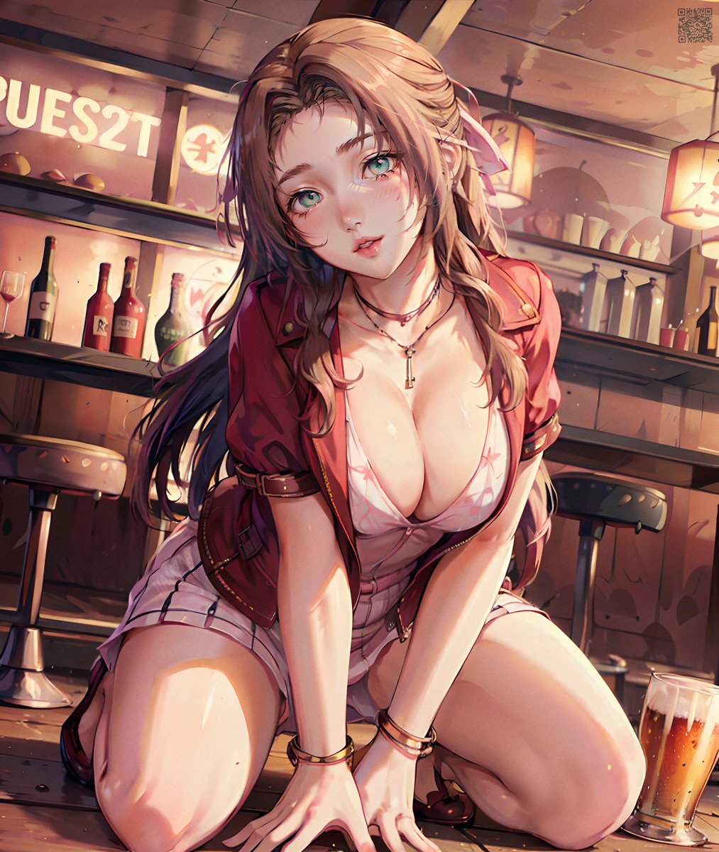 aerith gainsborough, ai generated, brown hair, female, final fantasy, final fantasy vii, final fantasy vii remake, green eyes, hamzaa ai, light skin, light-skinned female, long hair, looking at viewer, on her knees