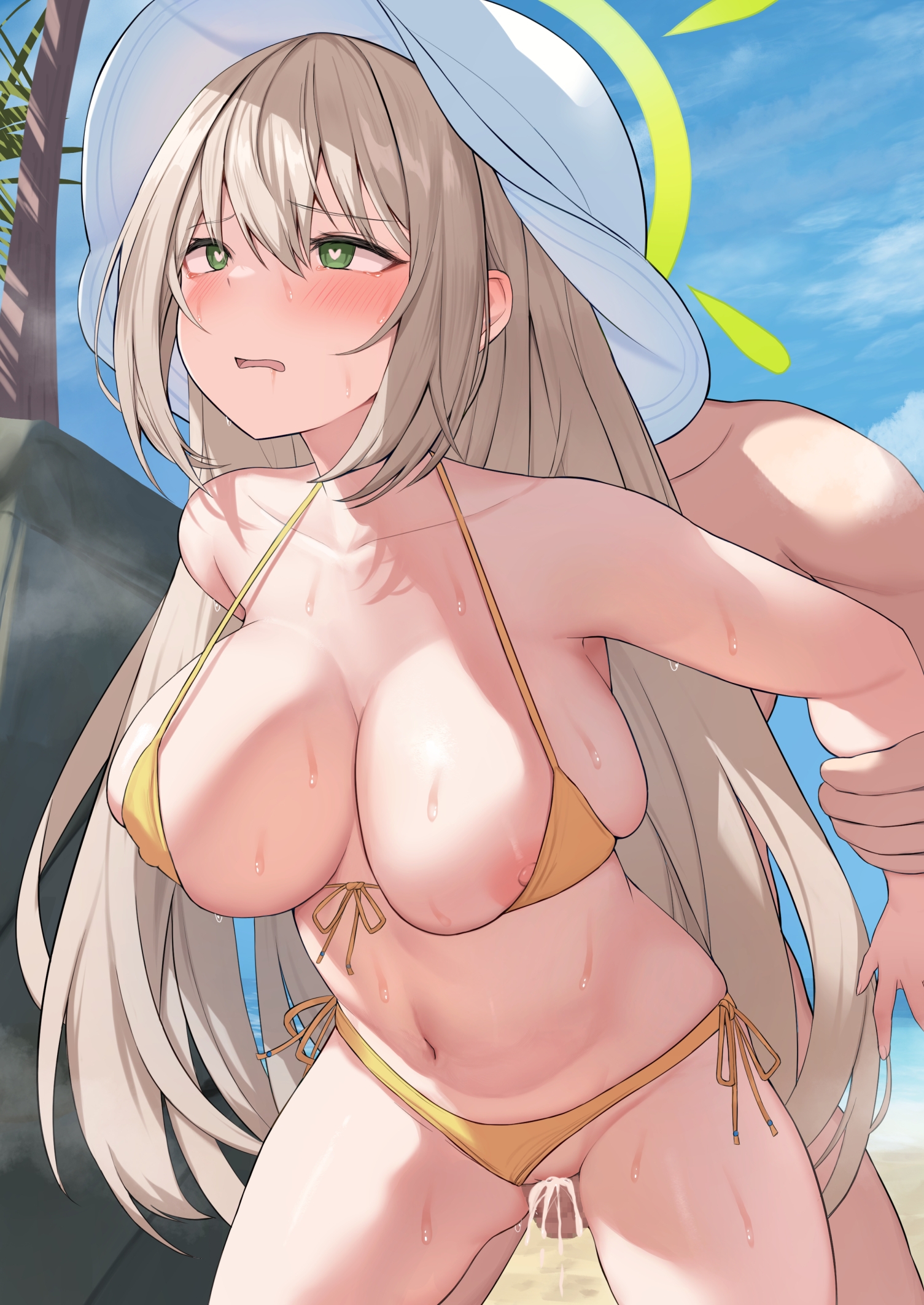 1boy, 1girls, arm grab, bangs, beach, bikini, bikini bottom, bikini top, blonde hair, blue archive, blush, blush lines, breasts, censored, censored penis, cleavage, cum, day, detailed background, eyebrows visible through hair, female, female focus, female penetrated, green eyes, green halo, halo, hat, highres, large breasts, male, male penetrating, male penetrating female, mosaic censoring, nipples, nonomi (blue archive), nonomi (swimsuit) (blue archive), osanai shiina, palm tree, penis, pussy, sweat, sweating, swimsuit, two piece swimsuit, vaginal penetration, yellow bikini