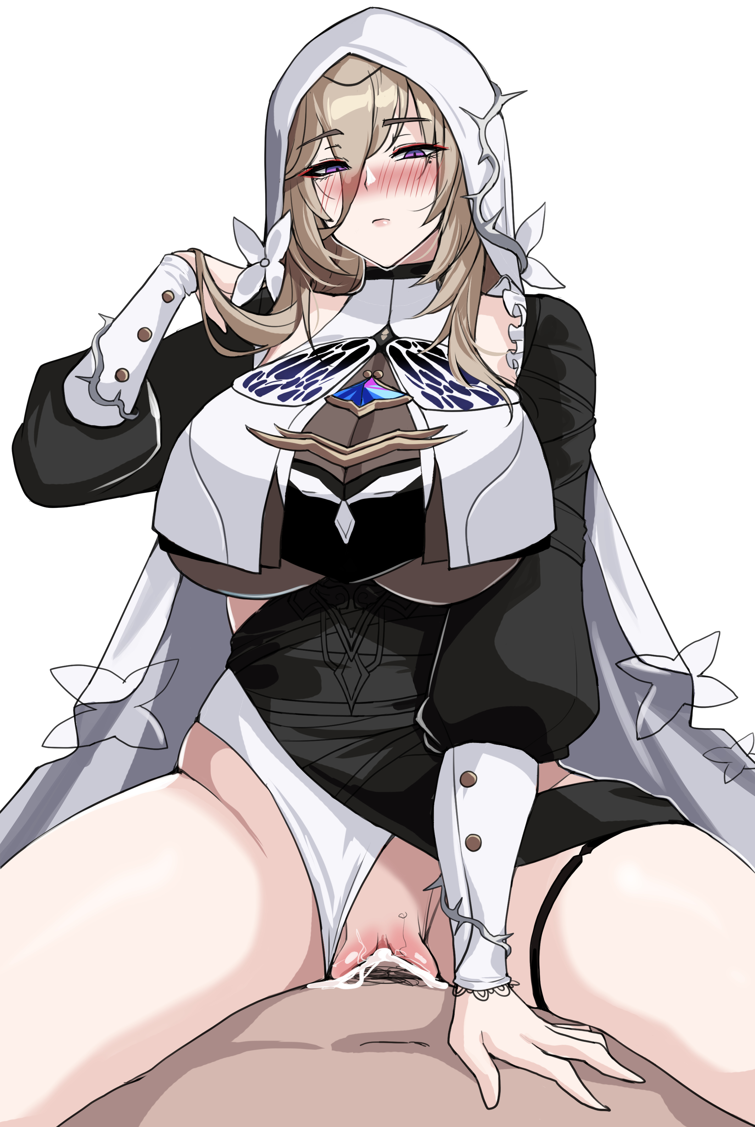 1boy, 1girls, aponia, big breasts, blush, breasts, cum, cum in pussy, cum inside, drogod (artist), female, hi res, highres, honkai (series), honkai impact 3rd, large breasts, male, mole, mole under eye, nun, nun's habit, purple eyes, pussy, sex, thick, thighs, vaginal penetration, voluptuous
