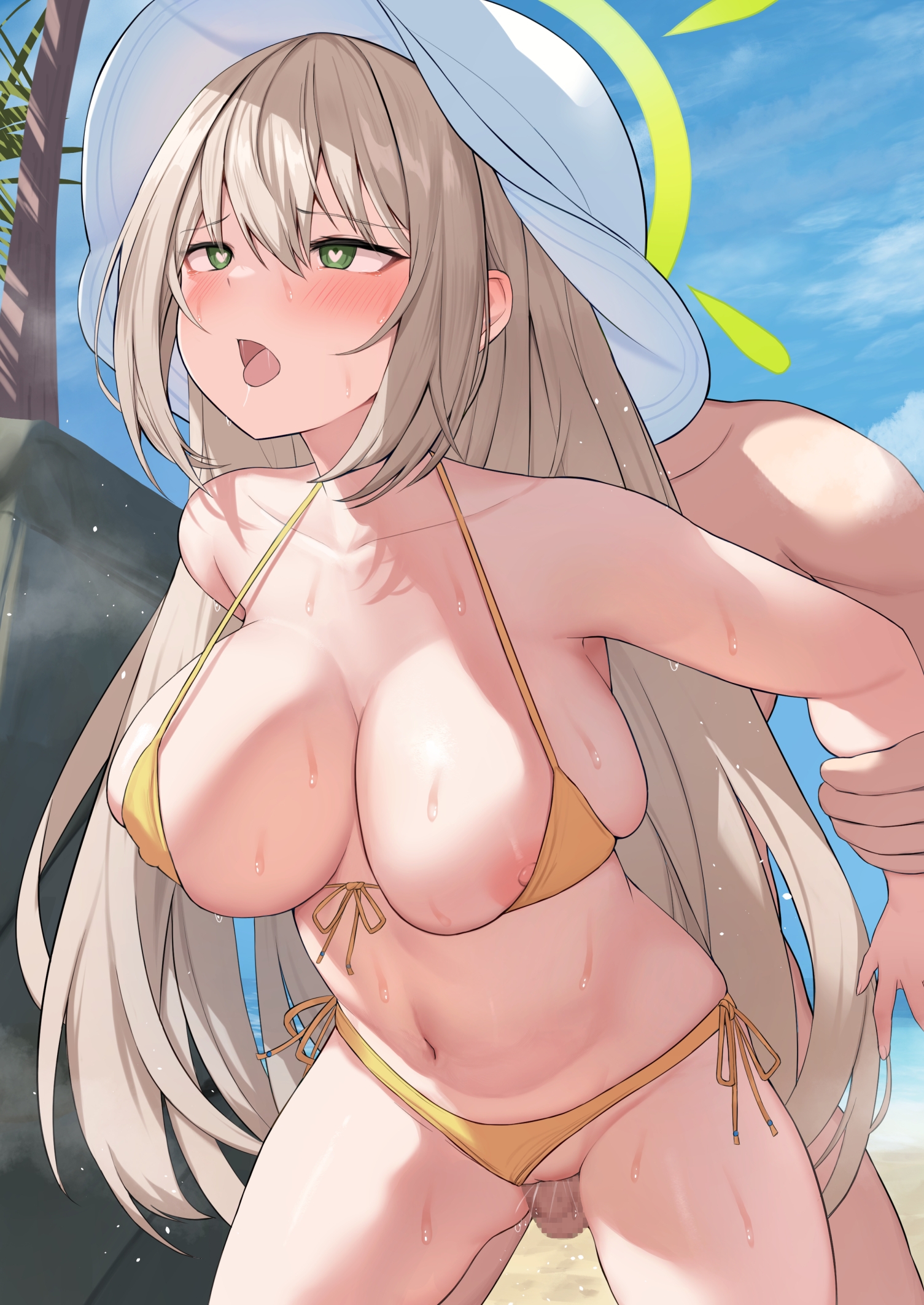1boy, 1girls, arm grab, bangs, beach, bikini, bikini bottom, bikini top, blonde female, blonde hair, blue archive, blush, blush lines, breasts, censored, censored penis, cleavage, day, detailed background, eyebrows visible through hair, female, female focus, female penetrated, green eyes, green halo, halo, hat, highres, large breasts, male, male penetrating, male penetrating female, mosaic censoring, nipples, nonomi (blue archive), nonomi (swimsuit) (blue archive), osanai shiina, palm tree, penis, pussy, sweat, sweating, swimsuit, two piece swimsuit, vaginal penetration, yellow bikini
