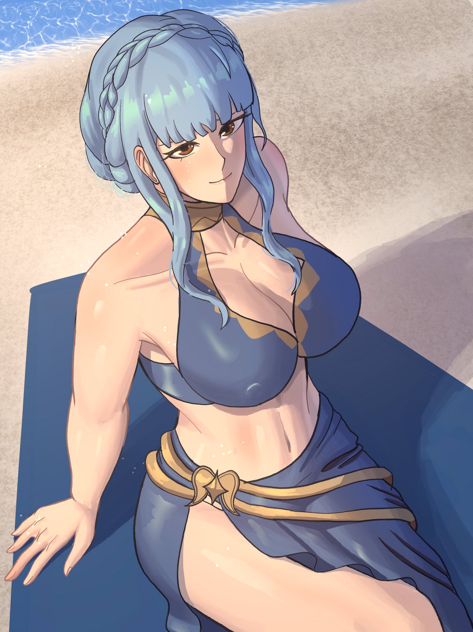 1girls, alternate costume, bangs, bare thighs, beach, bikini, blue bikini, blue hair, blue swimsuit, breasts, brown eyes, brown hair, cleavage, commission, covered nipples, female, female only, fire emblem, fire emblem heroes, fire emblem: three houses, from above, hiddenfuchsia, large breasts, light blue hair, marianne von edmund, marianne von edmund (summer), nintendo, ocean, official alternate costume, outdoors, redfushsia, sand, sarong, short hair, sitting, smile, solo, swimsuit, thick thighs, thighs, towel