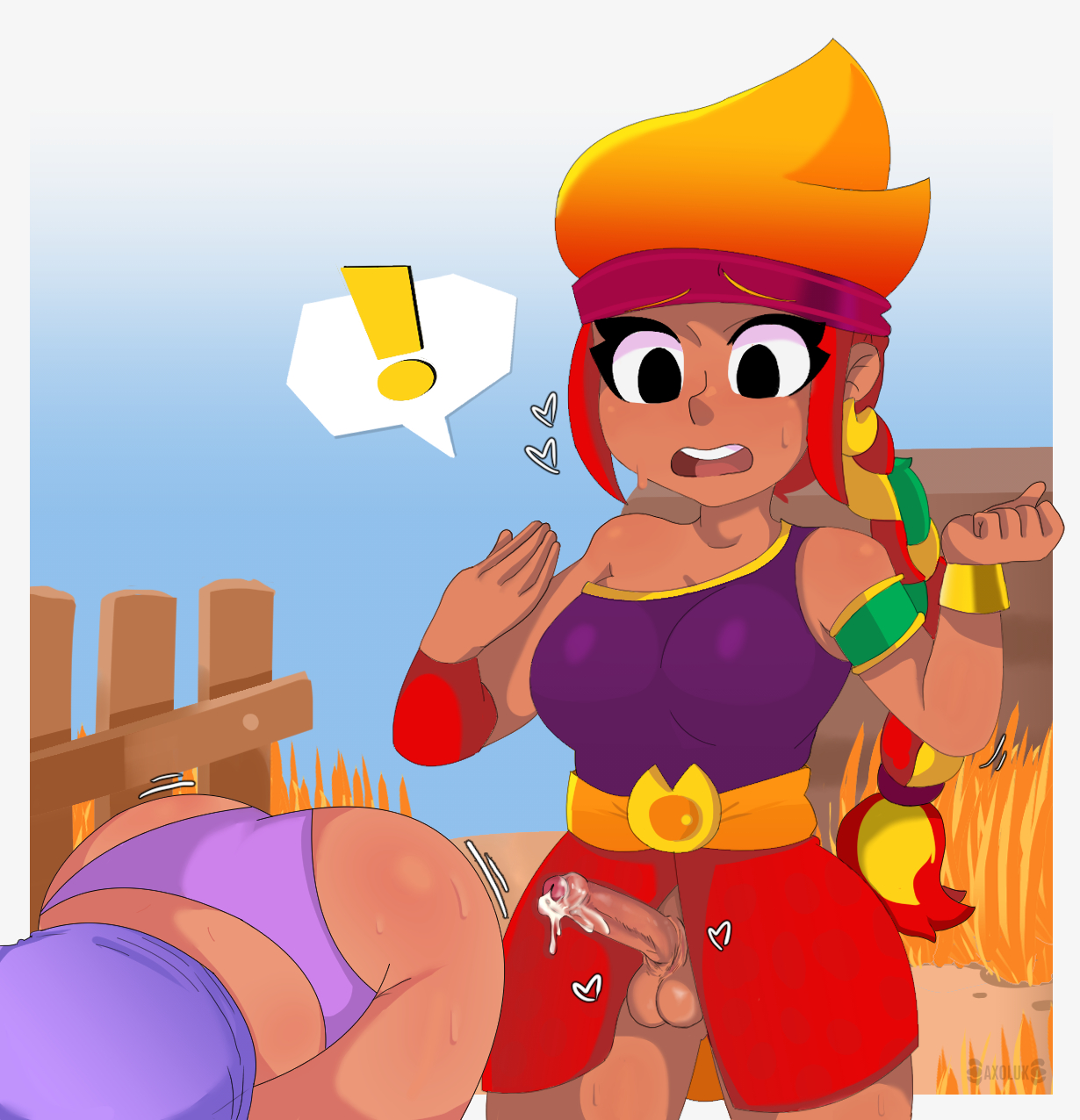 1futa, 1girls, amber (brawl stars), balls, big breasts, brawl stars, breasts, clothed, clothing, dark skin, dark-skinned female, dark-skinned futa, duo, erection, faceless, faceless character, faceless female, female, foreskin, futa focus, futa on female, futanari, human, intersex, mostly clothed, outside, panties, partially clothed, partially retracted foreskin, penis, precum, retracted foreskin, shelly (brawl stars), shelly, ambers slave (brawl stars), short hair, small penis, standing, stuck, stuck in wall, taxo lotl, uncircumcised, uncut