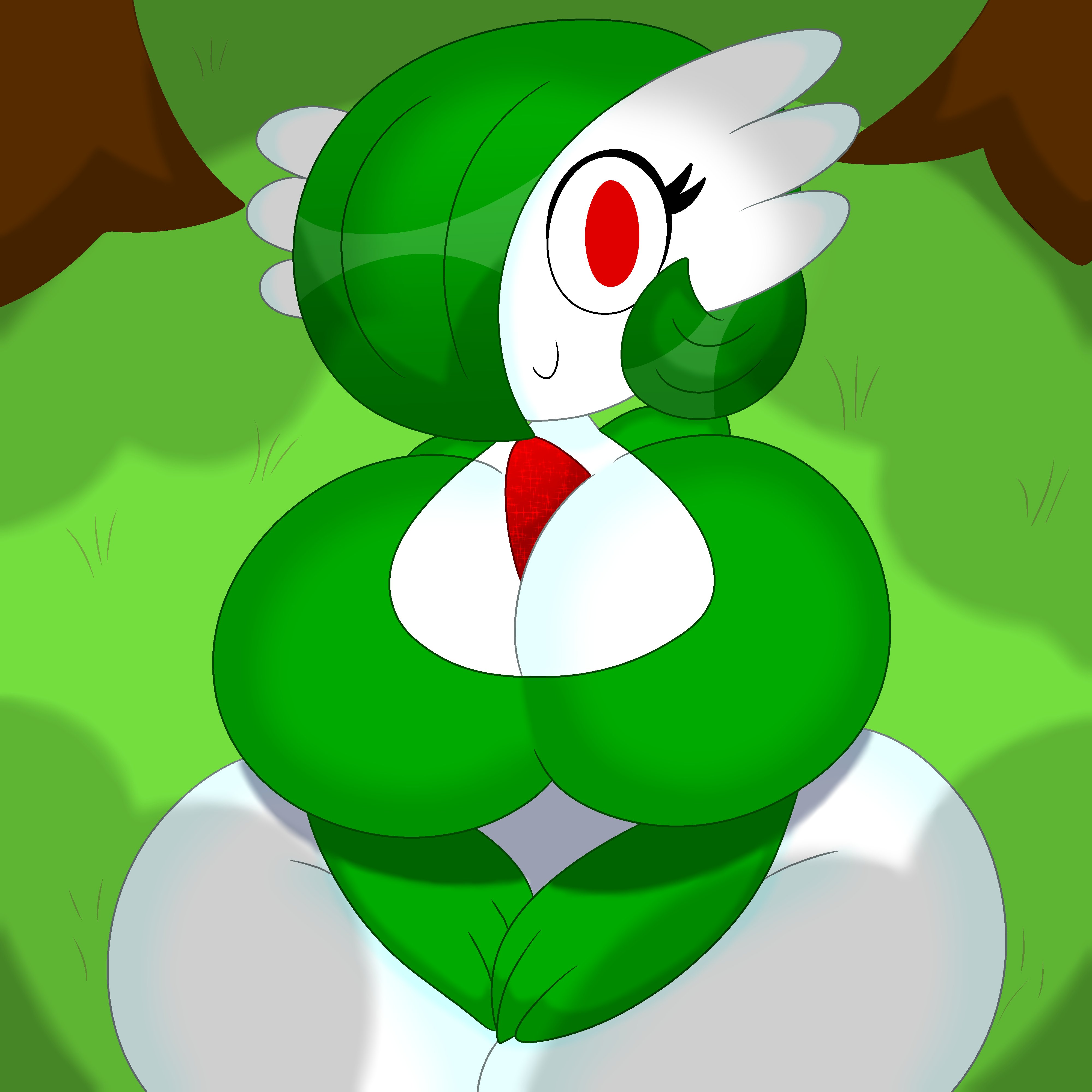 1girls, 3barts, big breasts, breasts, busty, female, female only, forest, gardevoir, hair over one eye, huge breasts, humanoid, large breasts, looking at viewer, outside, pokémon (species), pokemon, pokemon (species), red eyes, smile, solo, thick thighs, wide hips