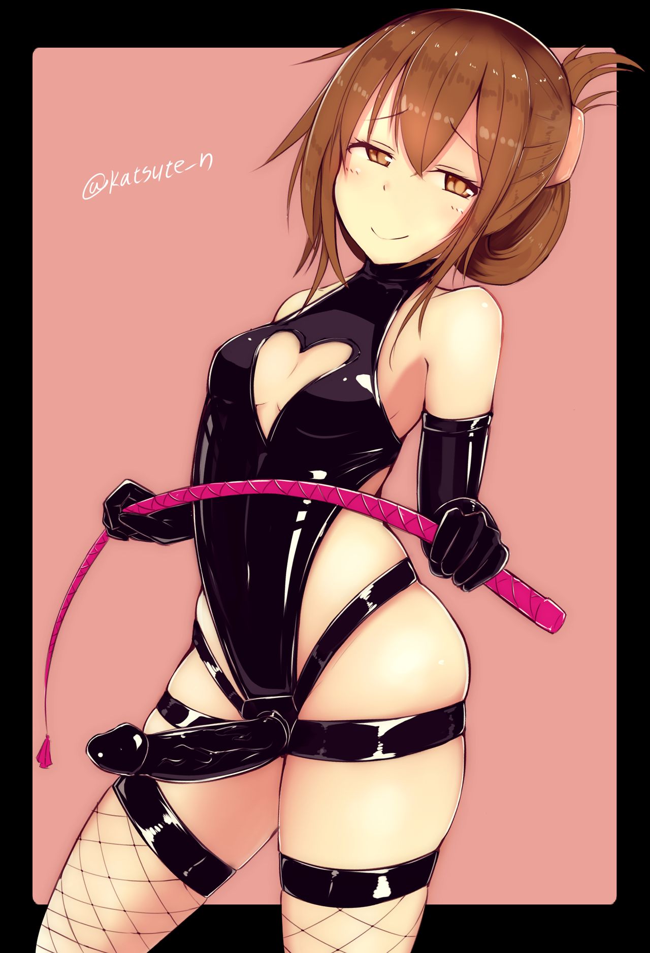 1girls breasts brown_hair cleavage dominatrix elbow_gloves eyebrows_visible_through_hair female female_only femdom fishnet_legwear fishnets inazuma_(kantai_collection) kantai_collection katsuten latex legwear leotard lingerie long_hair small_breasts stockings strap-on tagme whip