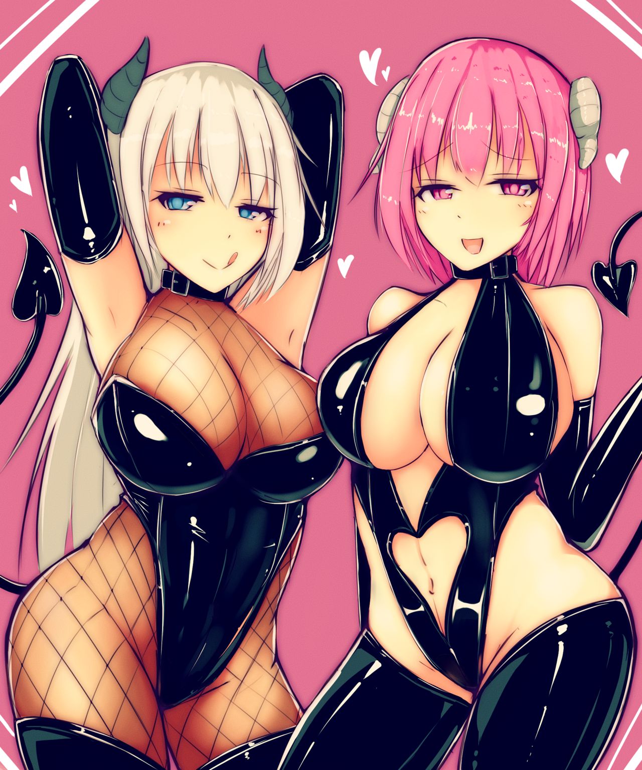 2girls black_latex_legwear blue_eyes dark-skinned_female dark_skin eyebrows_visible_through_hair horn katsuten latex_legwear multiple_girls navel pink_eyes pink_hair succubus tagme tail