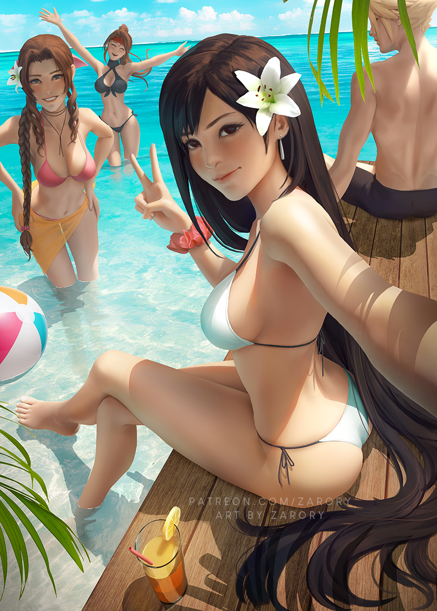 1boy 3girls aerith_gainsborough alternate_costume artist_name ass asymmetrical_bangs ball bangs barefoot beach beachball bikini black_bikini black_eyes black_hair black_shorts blonde_hair blue_sky braid braided_ponytail breasts busty choker cleavage closed_eyes cloud cloud_strife cloudy_sky costa_del_sol cup dock drinking_straw earrings facing_away facing_viewer feet_in_water female female_focus final_fantasy final_fantasy_vii final_fantasy_vii_remake flower flower_in_hair food fruit green_eyes hair_flower hair_ornament hair_over_shoulder hair_ribbon halterneck hands_on_hips happy headband highres in_water jessie_rasberry jewelry long_hair looking_at_viewer male_swimwear medium_breasts multiple_girls navel ocean open_mouth orange_(fruit) orange_slice outdoors outstretched_arms palm_tree parted_bangs partially_submerged patreon_username peace_sign pink_bikini pink_ribbon ponytail red_headband ribbon scrunchie seaside selfie short_hair shorts side-tie_bikini side-tie_bikini_bottom sidelocks sitting sky smile spiked_hair square_enix string_bikini summer sunbathing swim_trunks swimsuit teeth tifa_lockhart topless_male tree two_piece_swimsuit upper_teeth_only v voluptuous wading waist_sash water wavy_hair white_bikini white_flower wrist_scrunchie zarory